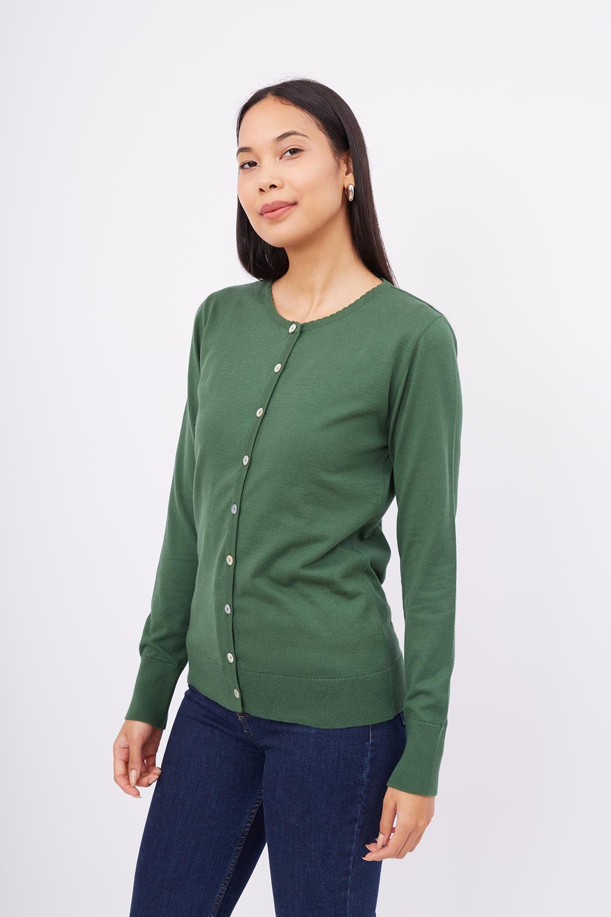 Peraluna Bisiklet Yaka Basic Pamuklu Kadın Triko Hırka - Koyu Yeşil