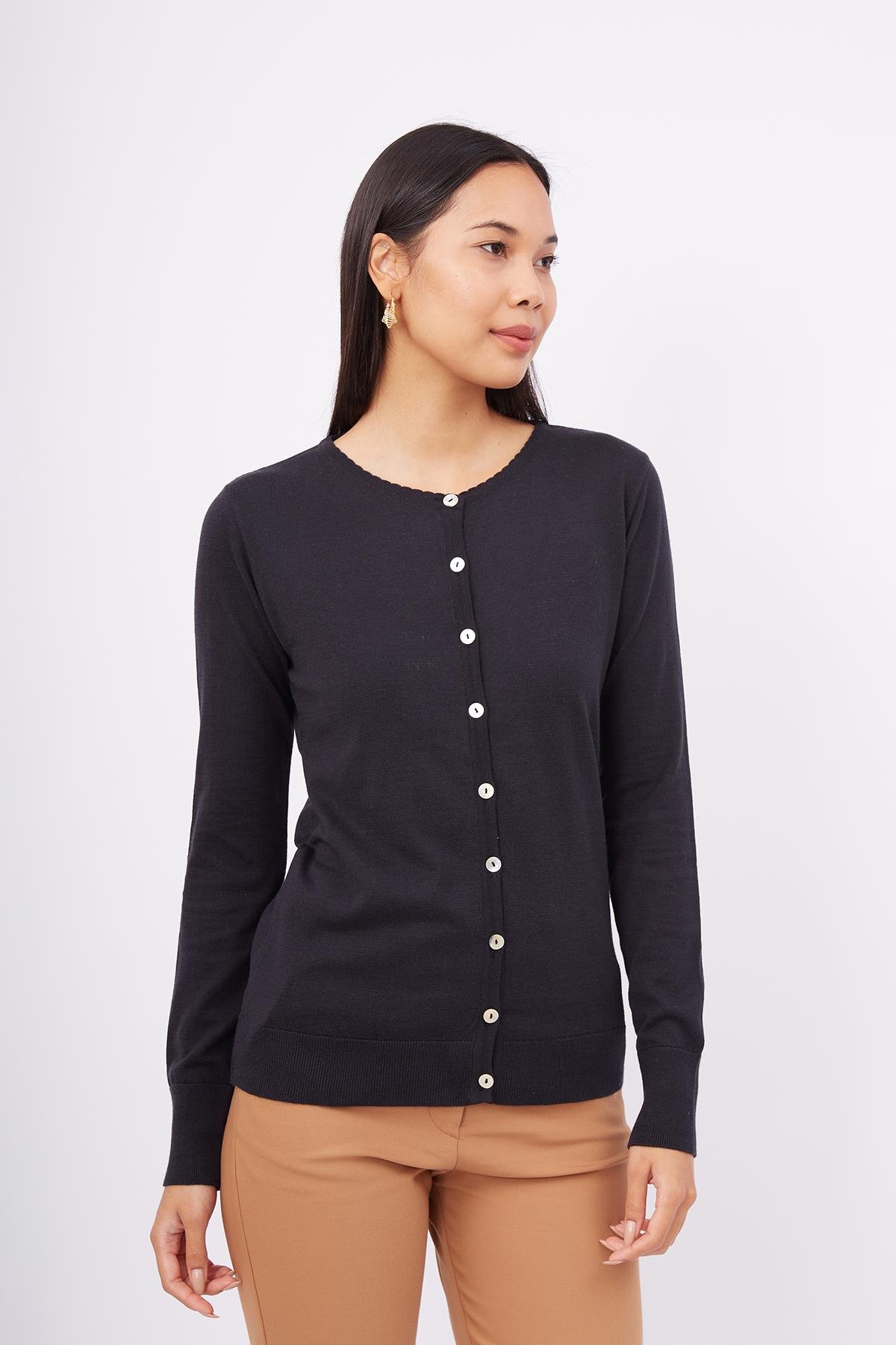 Peraluna Bisiklet Yaka Basic Pamuklu Kadın Triko Hırka - Siyah