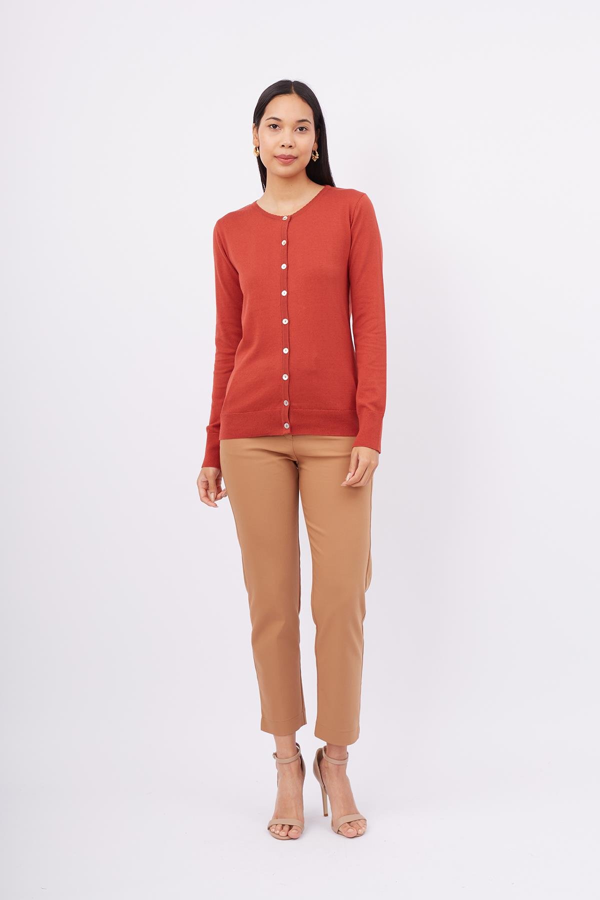 Peraluna Bisiklet Yaka Basic Pamuklu Kadın Triko Hırka - Kiremit