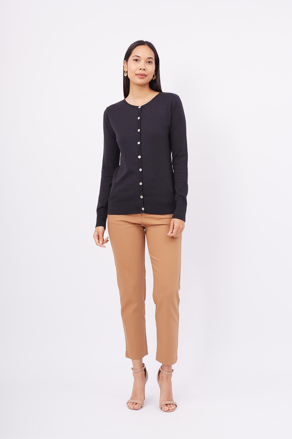 Peraluna Bisiklet Yaka Basic Pamuklu Kadın Triko Hırka - Siyah