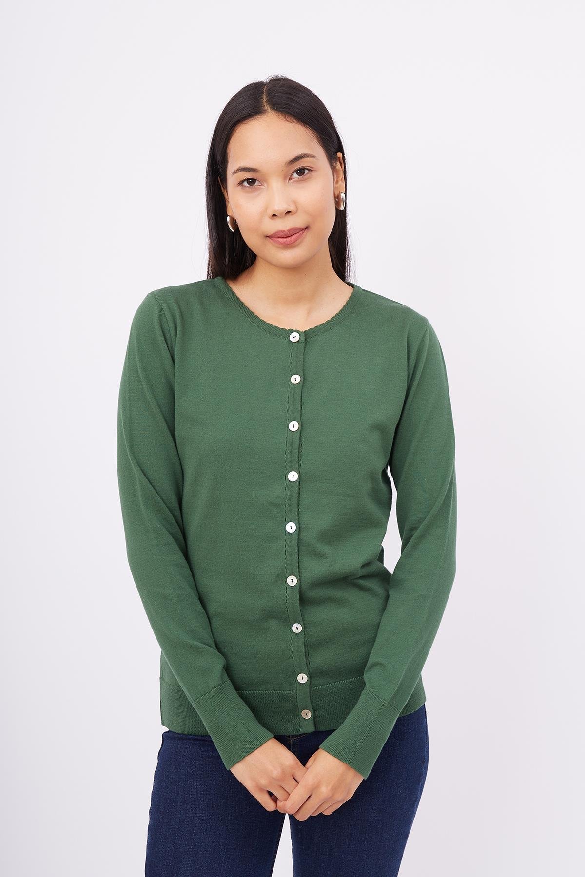 Peraluna Bisiklet Yaka Basic Pamuklu Kadın Triko Hırka - Koyu Yeşil