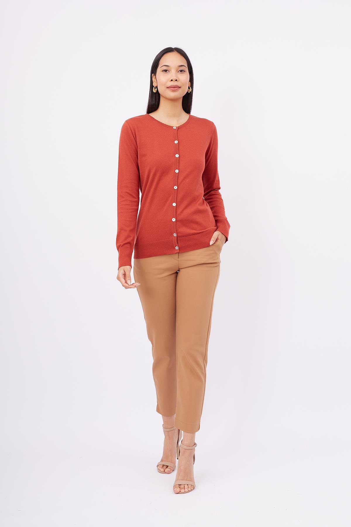 Peraluna Bisiklet Yaka Basic Pamuklu Kadın Triko Hırka - Kiremit