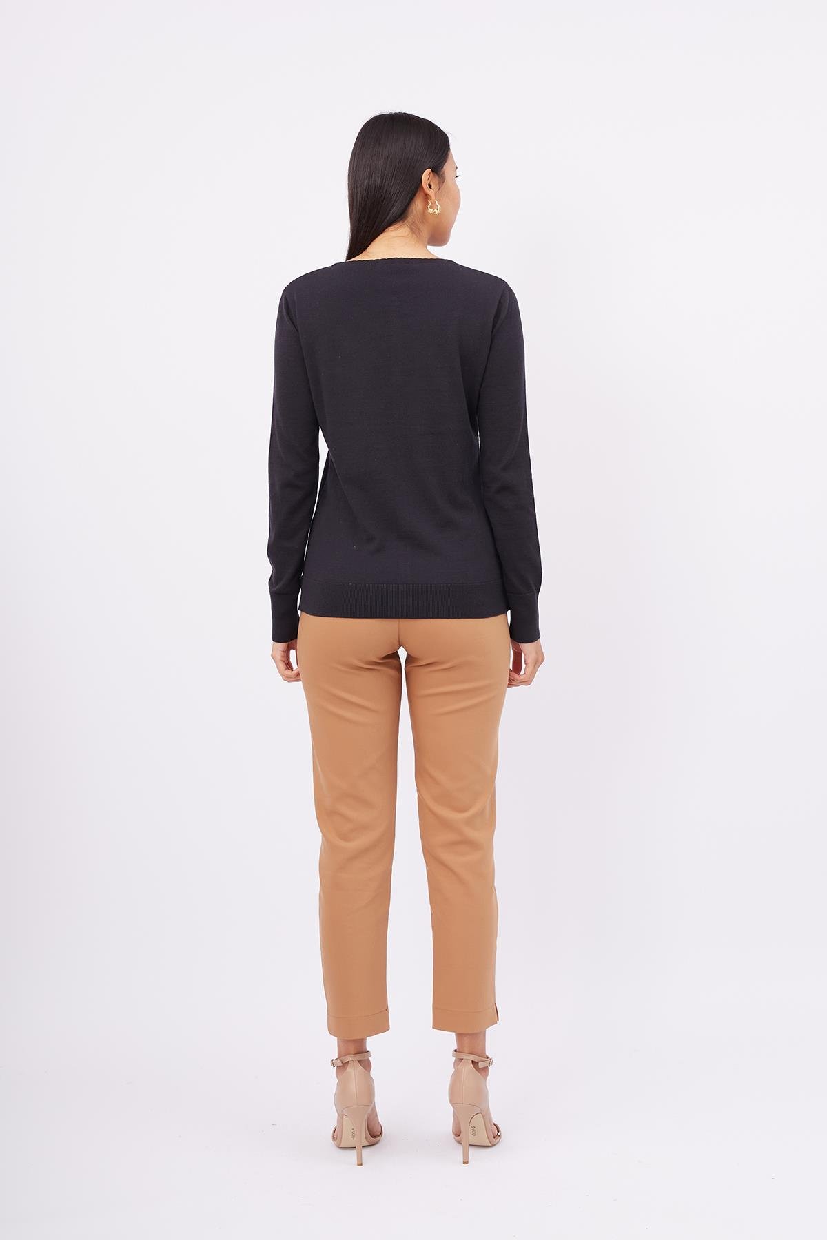 Peraluna Bisiklet Yaka Basic Pamuklu Kadın Triko Hırka - Siyah