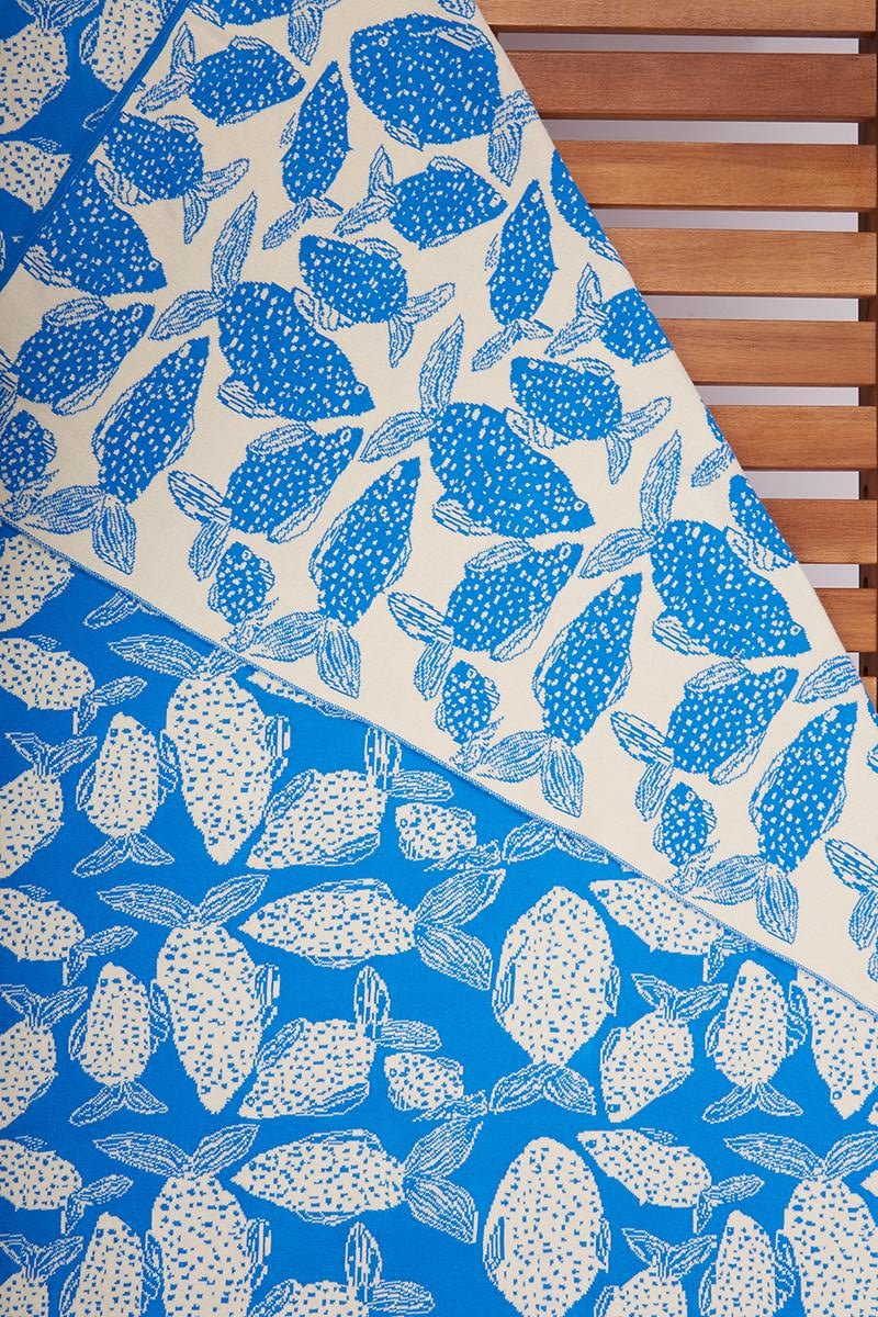 Peraluna BLUE SARDİN BEACH COVER Balık Desenli Pamuklu Triko Plaj Örtüsü 75X150 CM - Ekru/Mavi