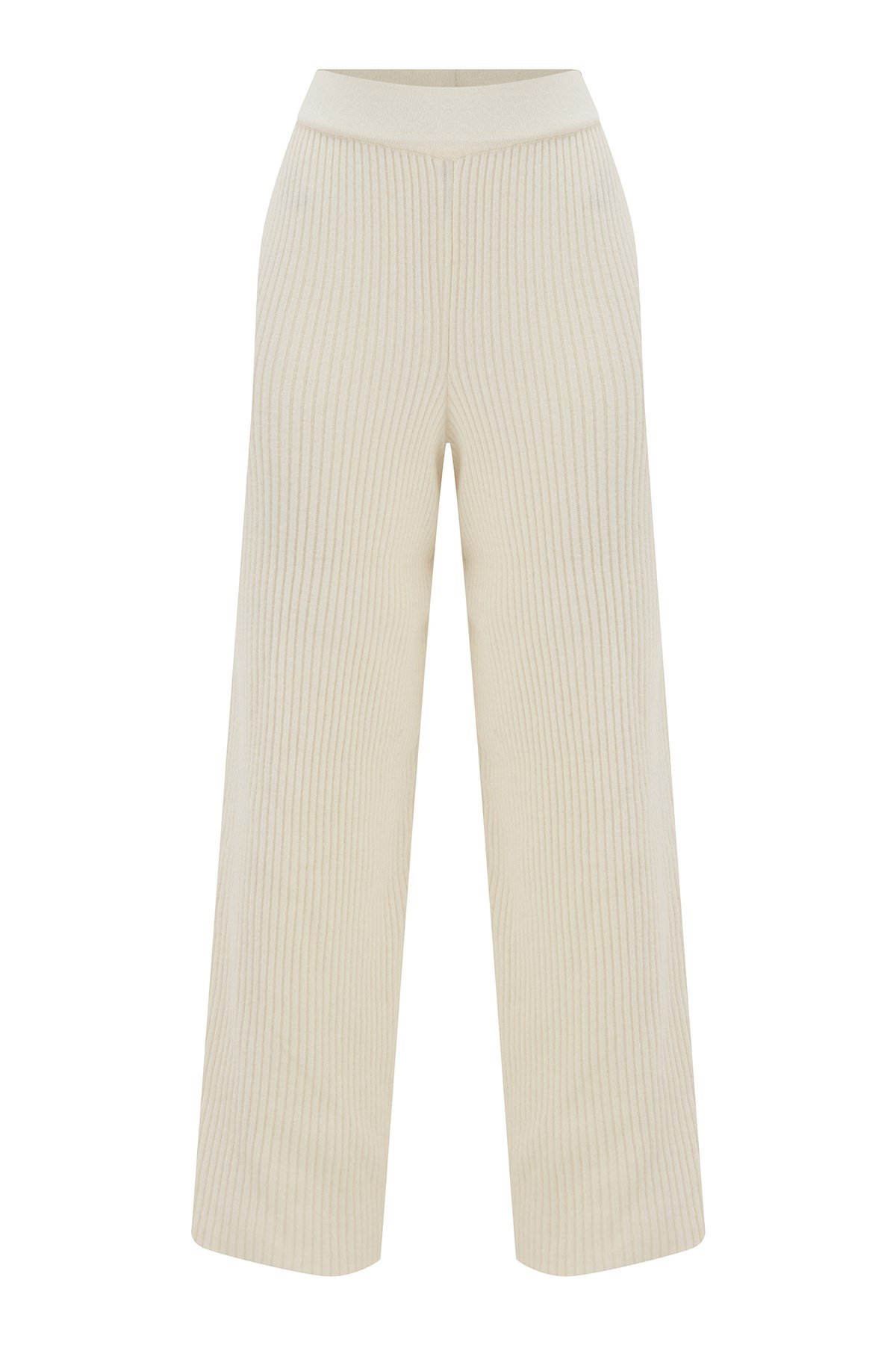 Peraluna Bol Kesim Kaşmir Karışım Boru Paça Kadın Triko Pantolon Ekru