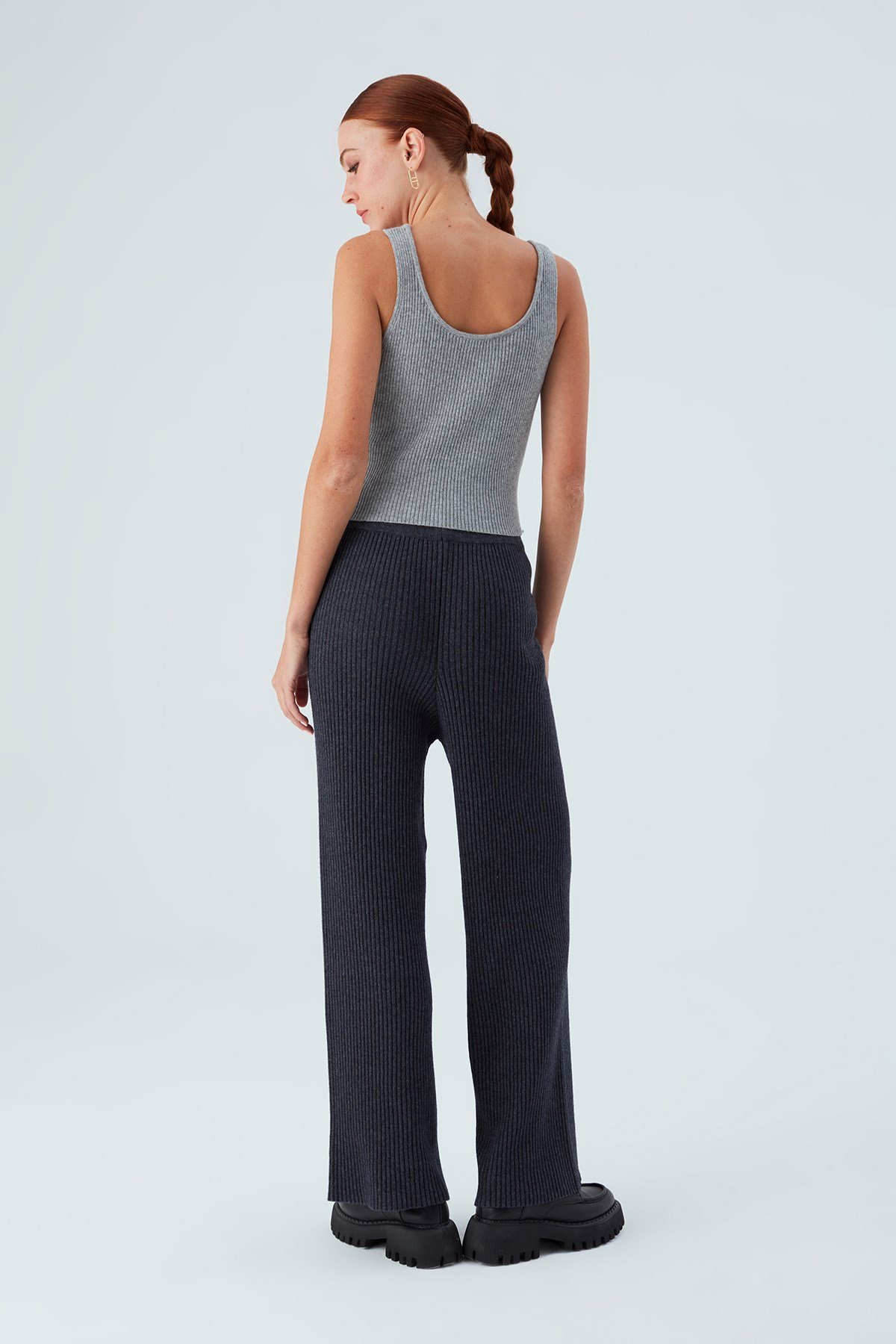 Peraluna Bol Kesim Kaşmir Karışım Boru Paça Kadın Triko Pantolon Antrasit