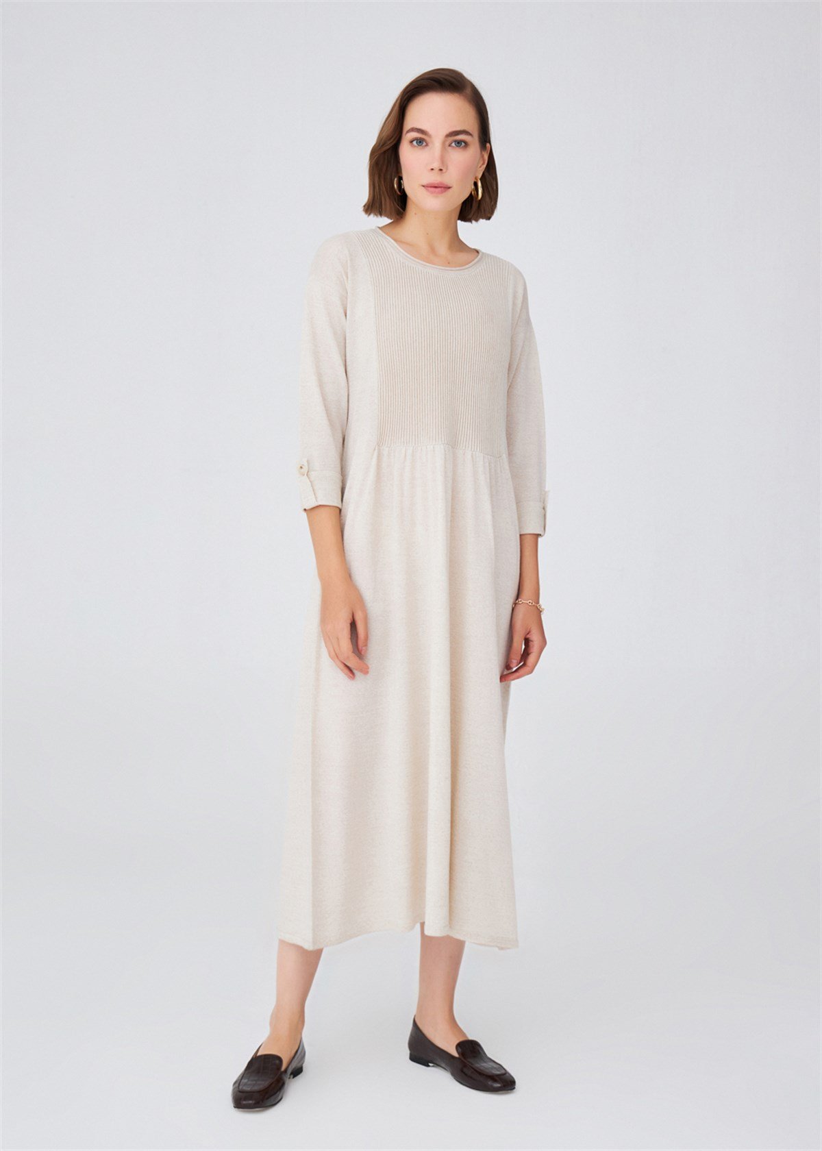 Peraluna Scoop Neck Knitwear Loose Long Dress - Ecru Melange