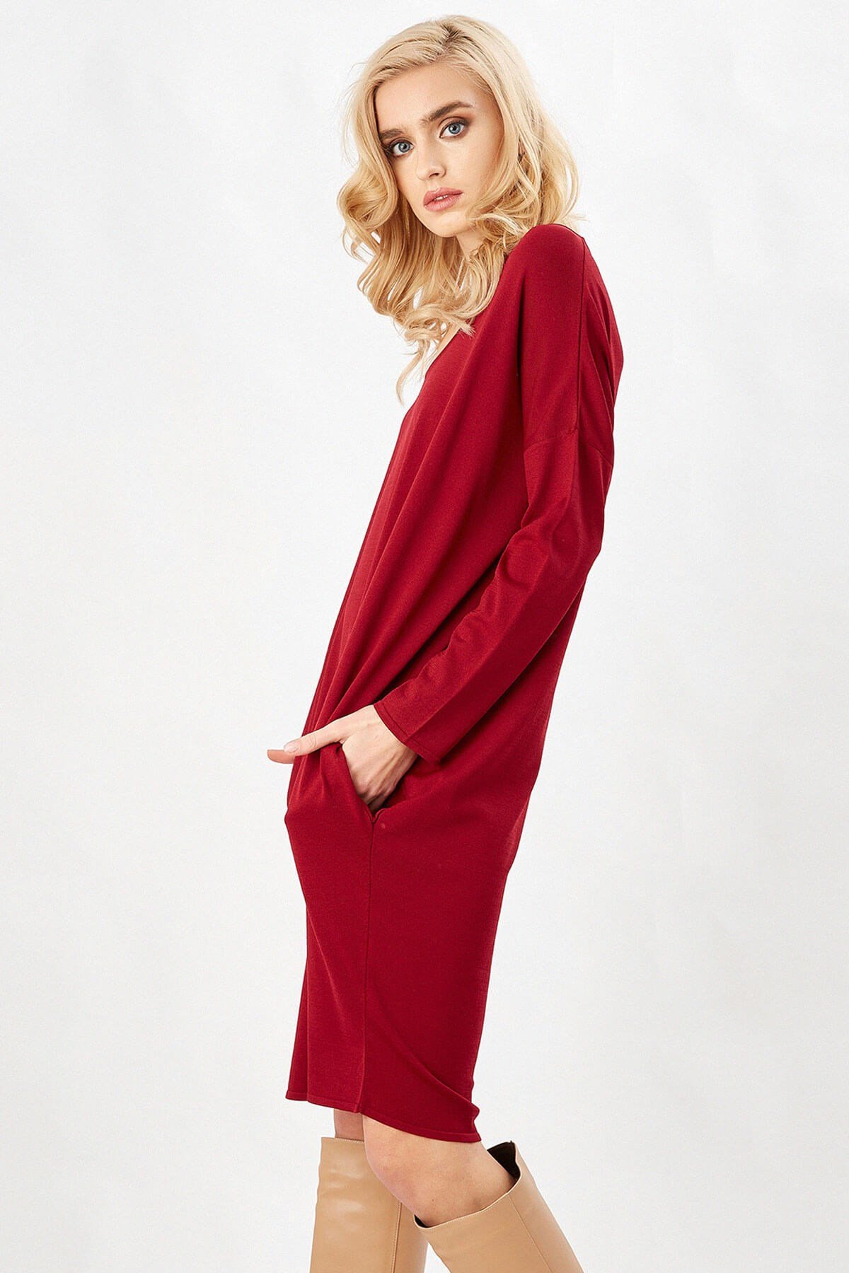 Peraluna Bordo Rengi 3/4 Kol Balon Kadın Triko Elbise