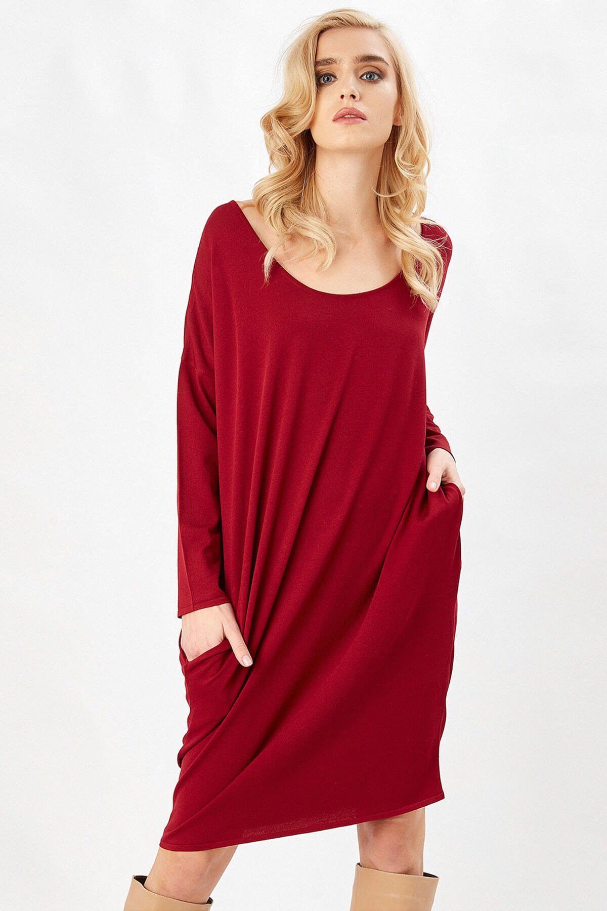 Peraluna Bordo Rengi 3/4 Kol Balon Kadın Triko Elbise