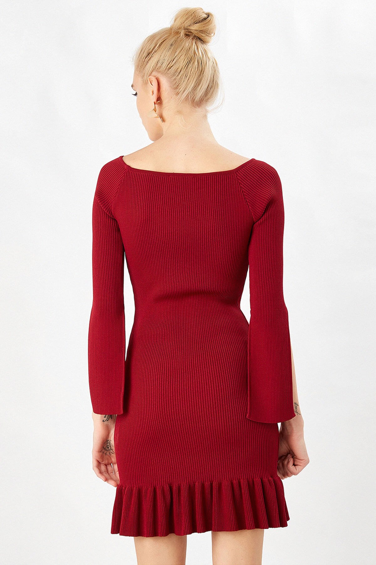 Peraluna Bordo Renk Ribanalı Fırfırlı Kadın Abiye Triko Elbise