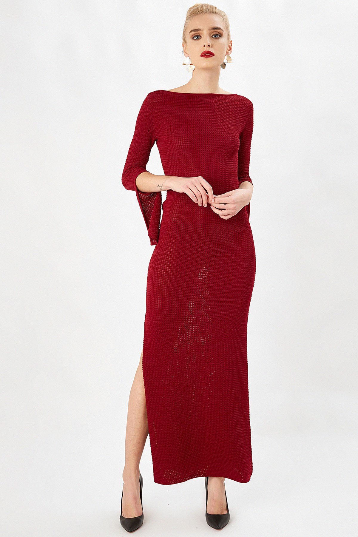 Peraluna Open Back Long Evening Knitwear Dress - Burgundy