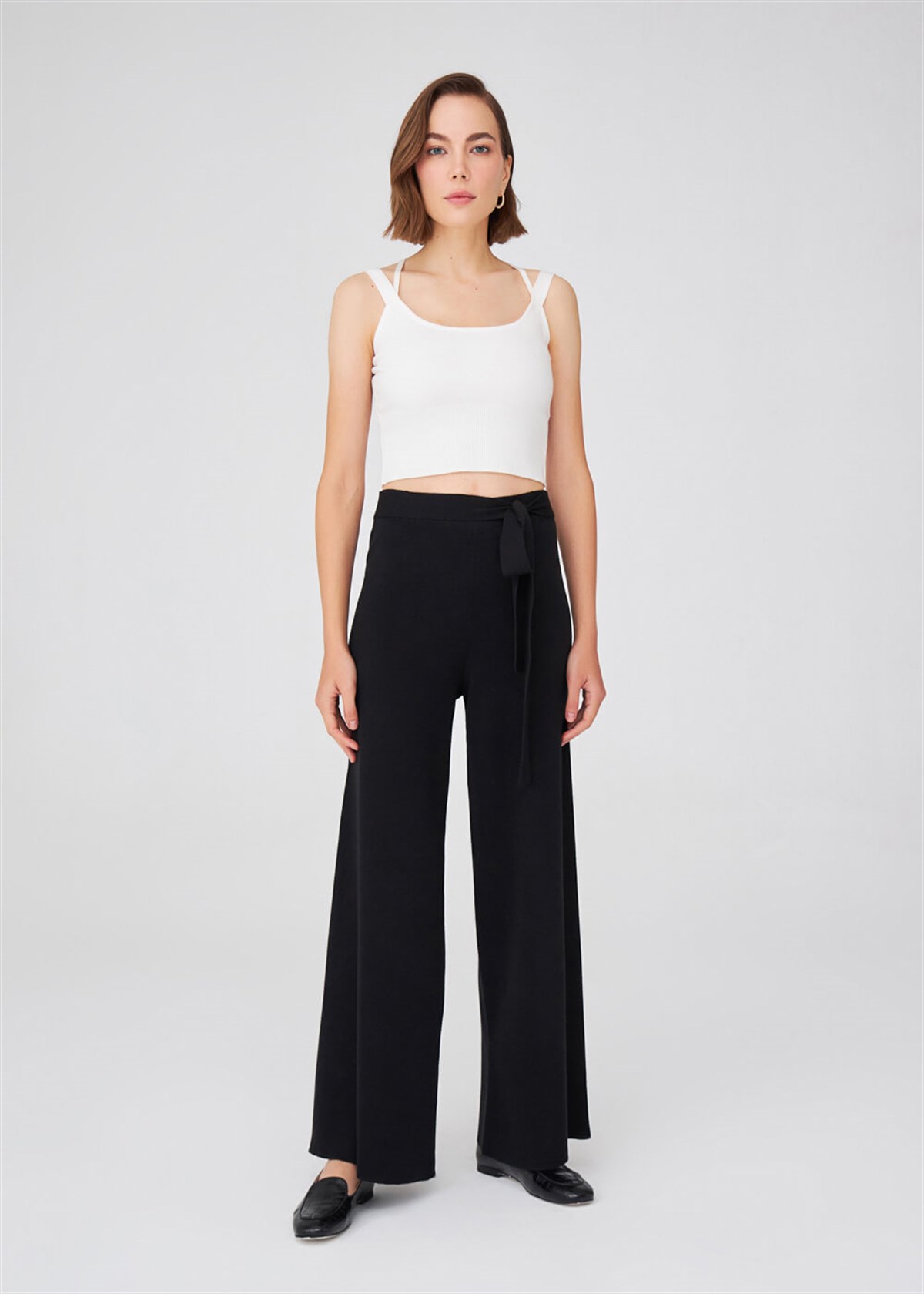 Peraluna Boru Paça Yüksek Bel Kadın Triko Pantolon Siyah