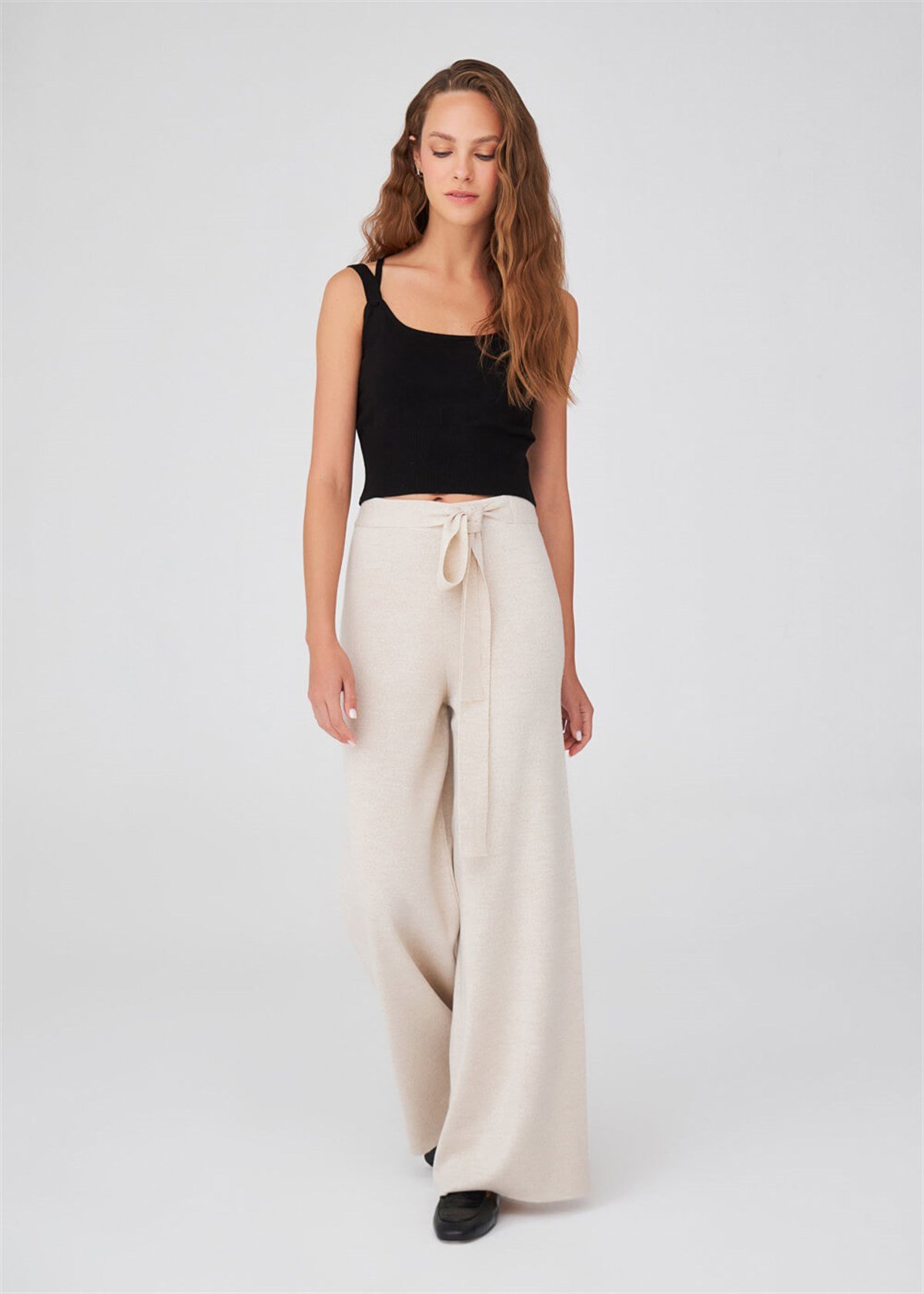 Peraluna Wide Leg High Waist Trousers Women Knitwear Trousers - Ecru Melange