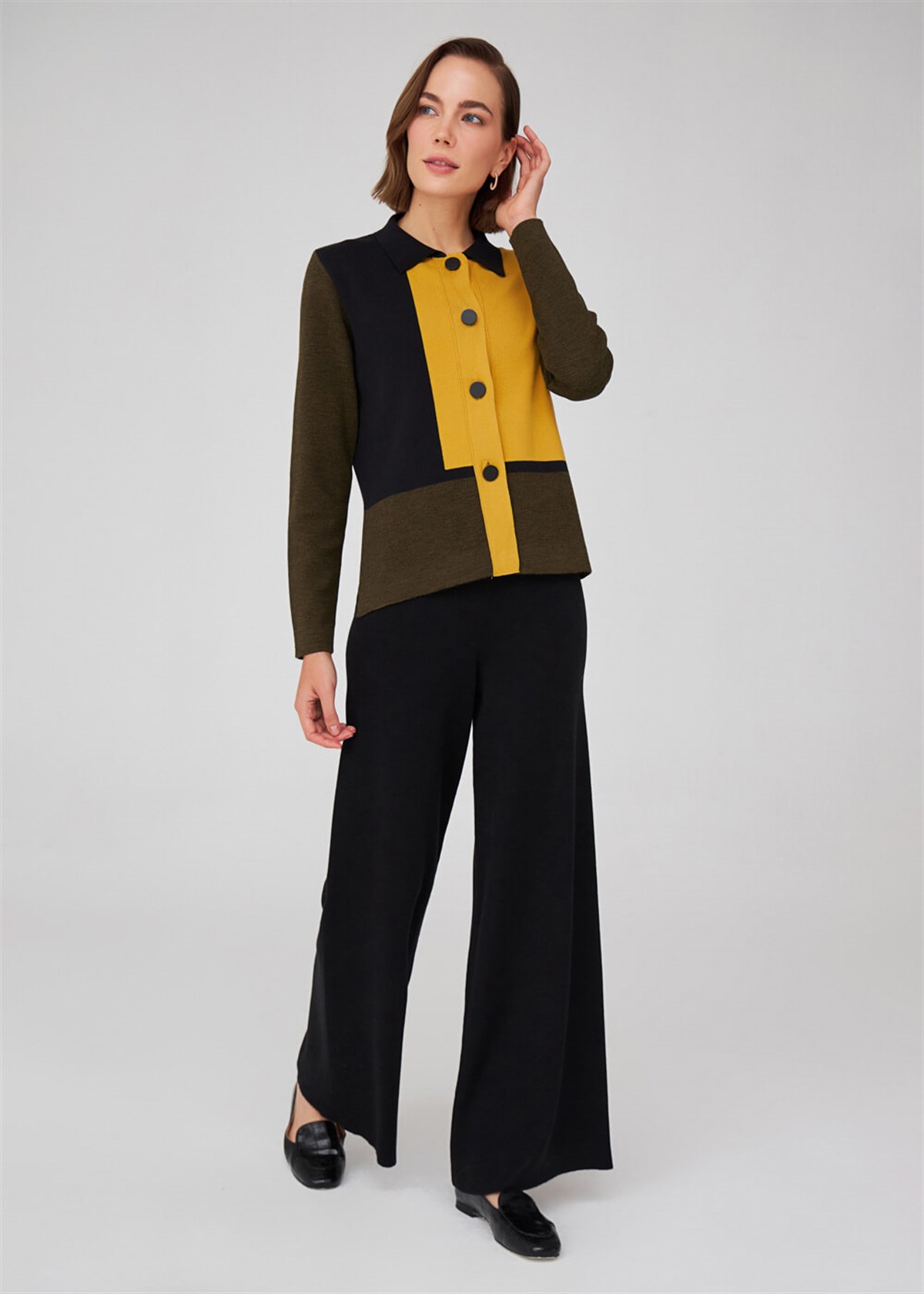 Peraluna Boru Paça Yüksek Bel Kadın Triko Pantolon Siyah