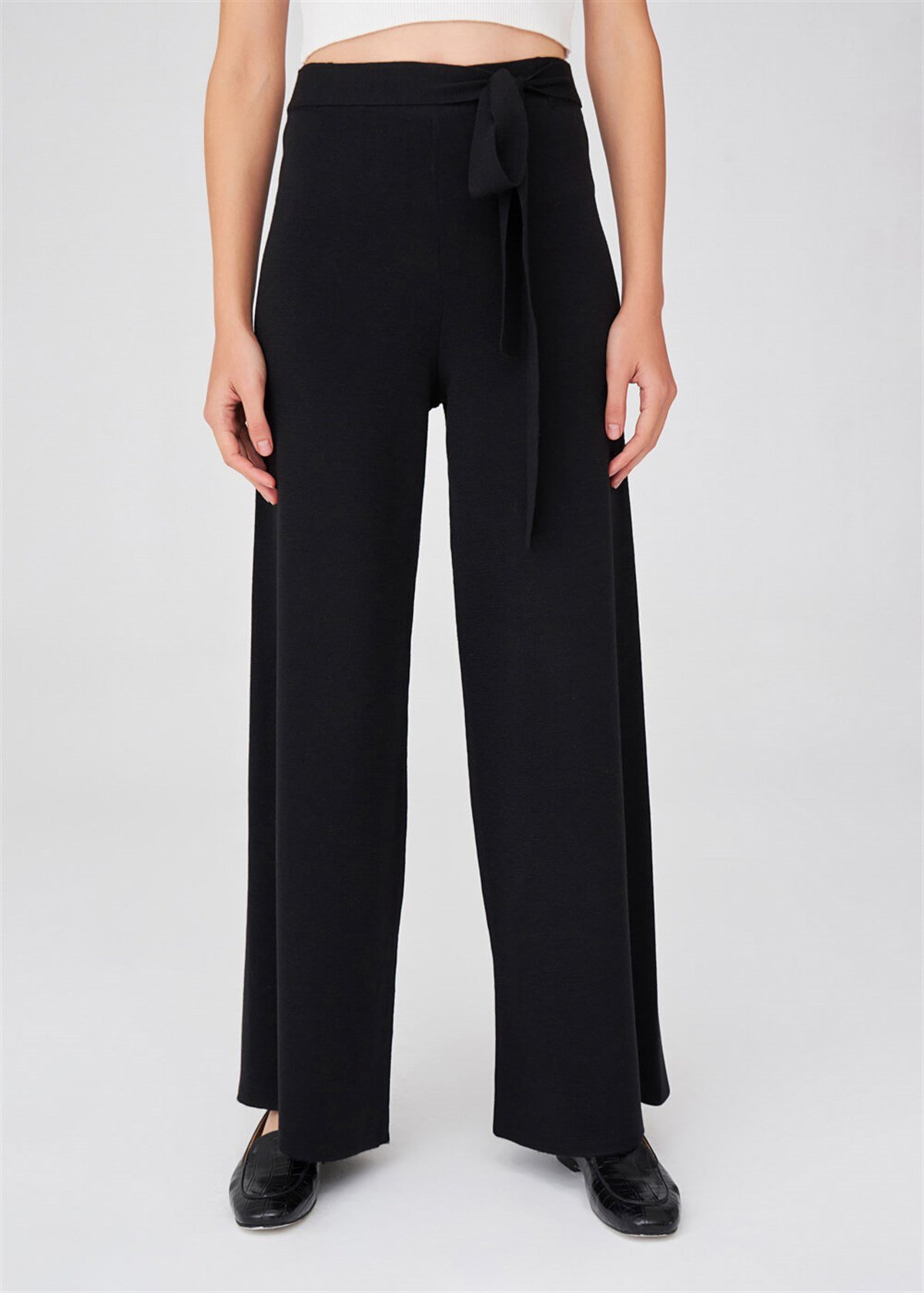 Peraluna Boru Paça Yüksek Bel Kadın Triko Pantolon Siyah