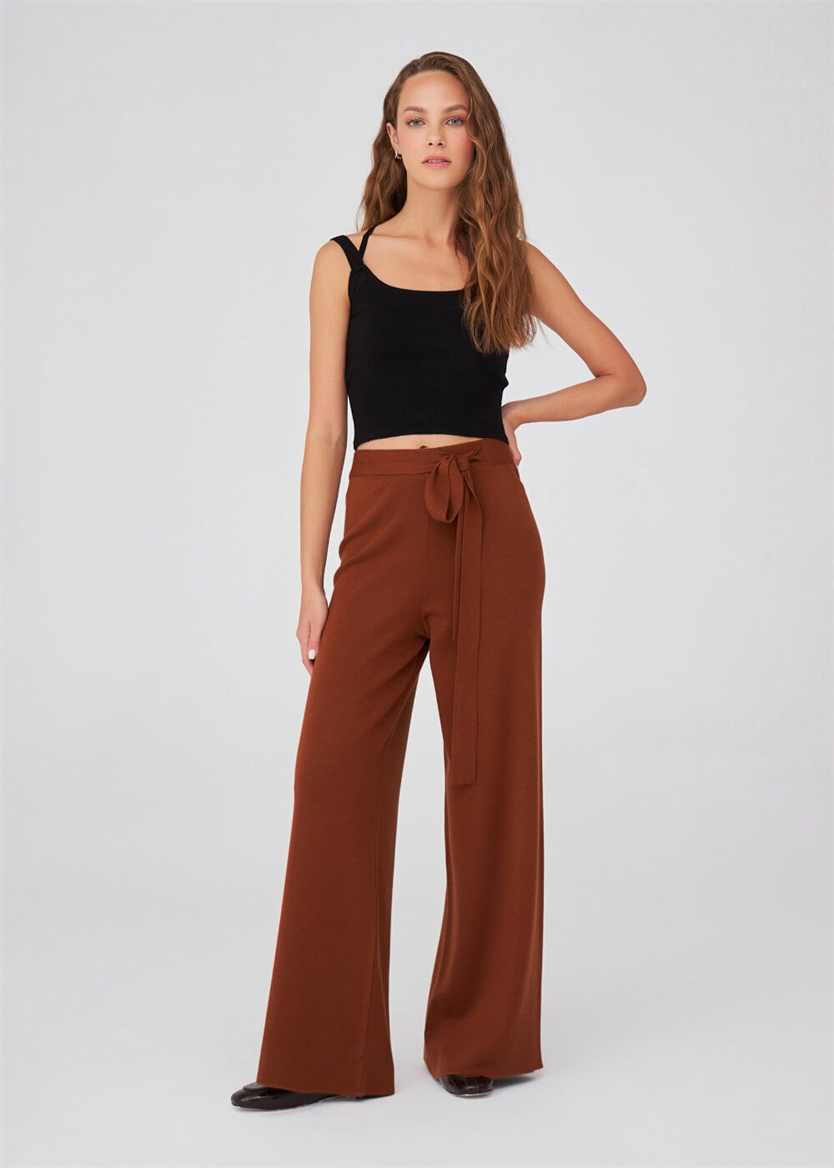 Peraluna Wide Leg High Waist Trousers Women Knitwear Trousers - Brown