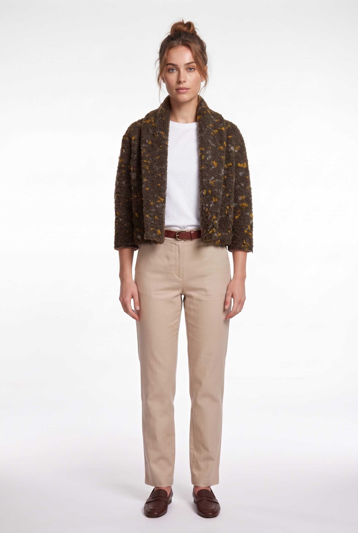Peraluna Boucle Düz Örgü Kadın Bolero Hırka - Koyu Kahve