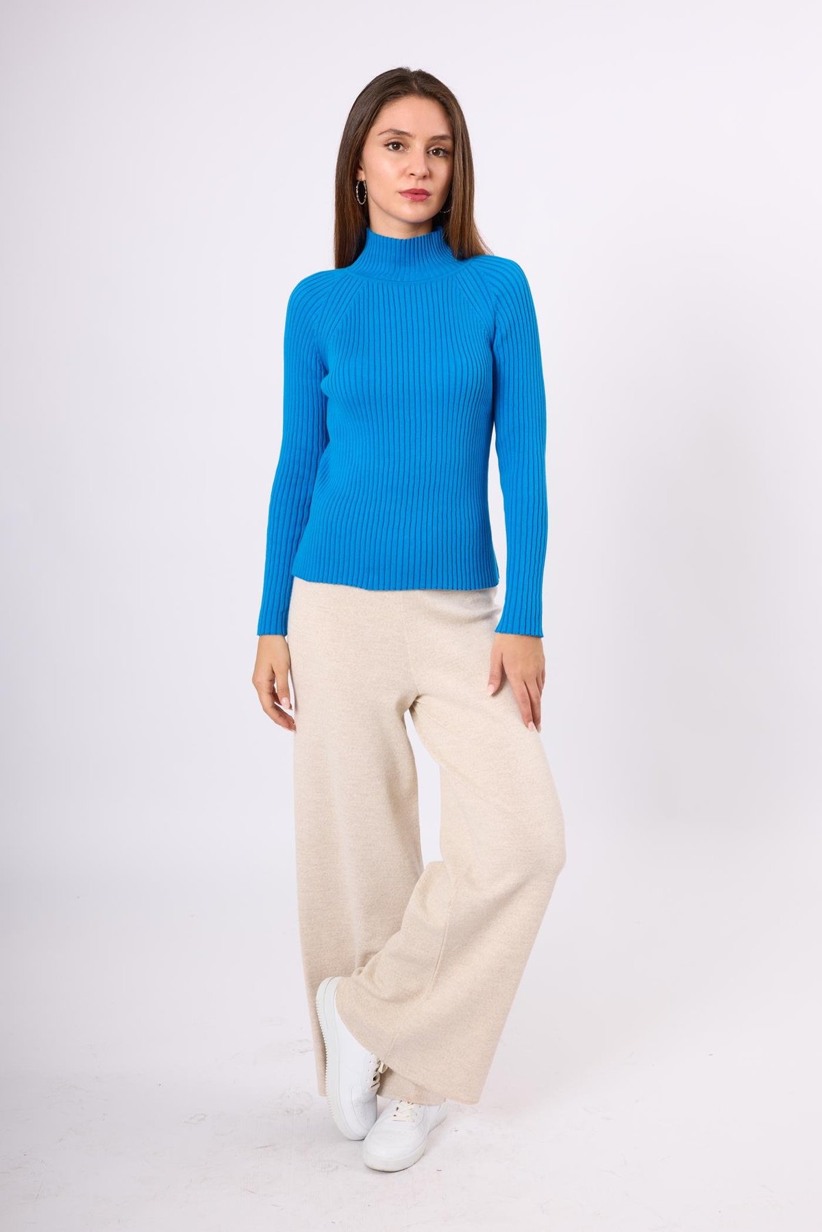 Peraluna Britta Rib Örgü Fit Kalıp Kadın Triko Kazak - Mavi