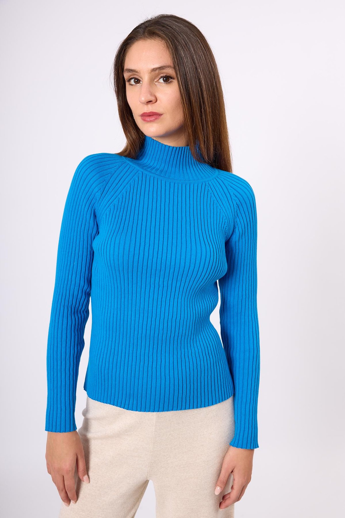 Peraluna Britta Rib Örgü Fit Kalıp Kadın Triko Kazak - Mavi