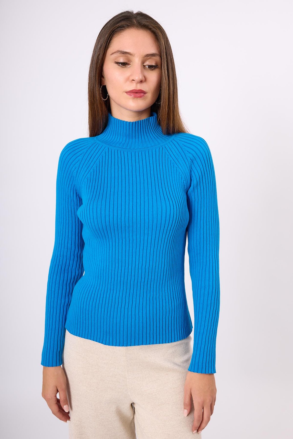 Peraluna Britta Rib Örgü Fit Kalıp Kadın Triko Kazak - Mavi