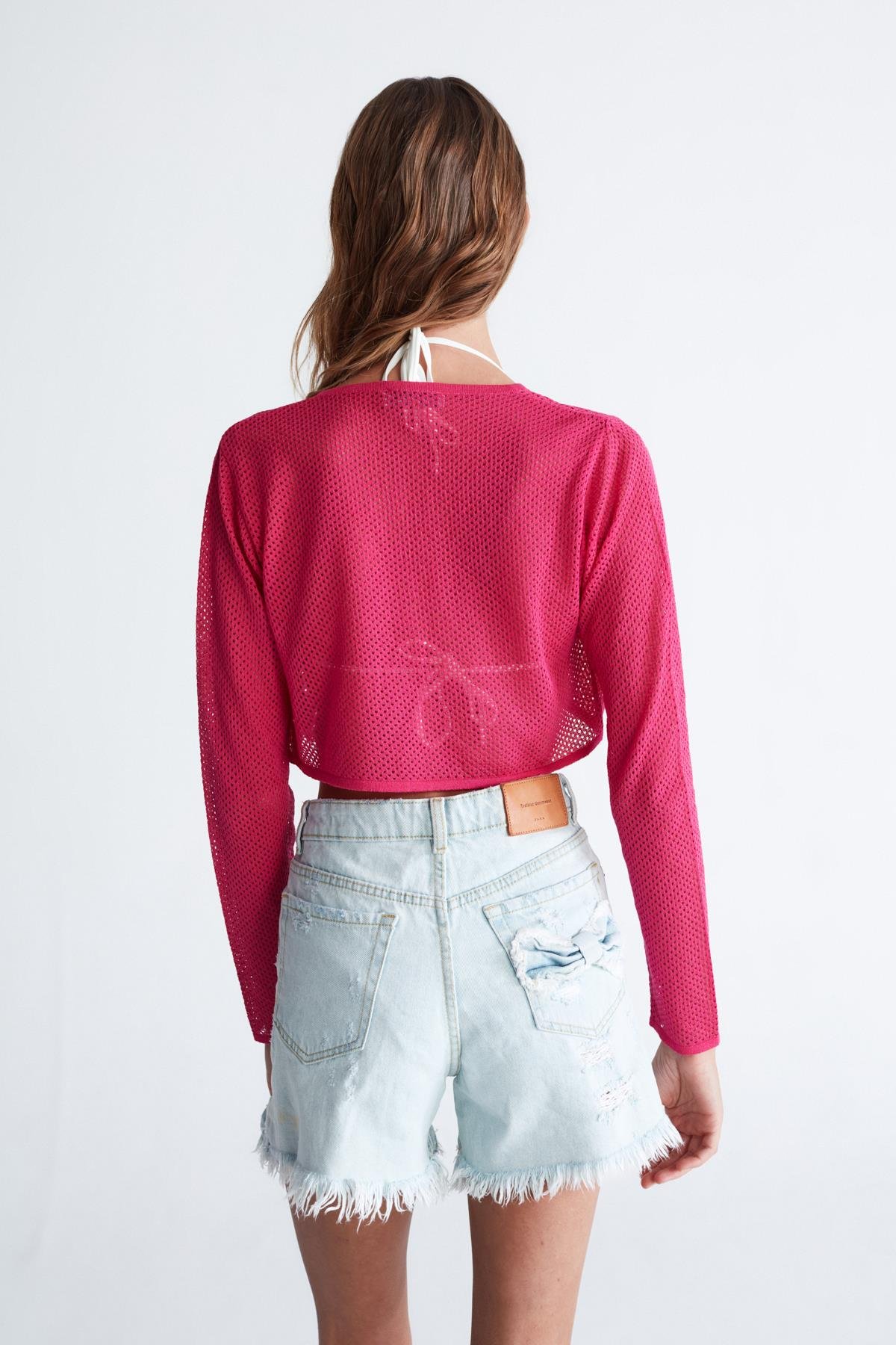 Peraluna BUTTERFLY BOLERO File Örgü Uzun Kol Trıko Kadın Bolero Magenta Pembe