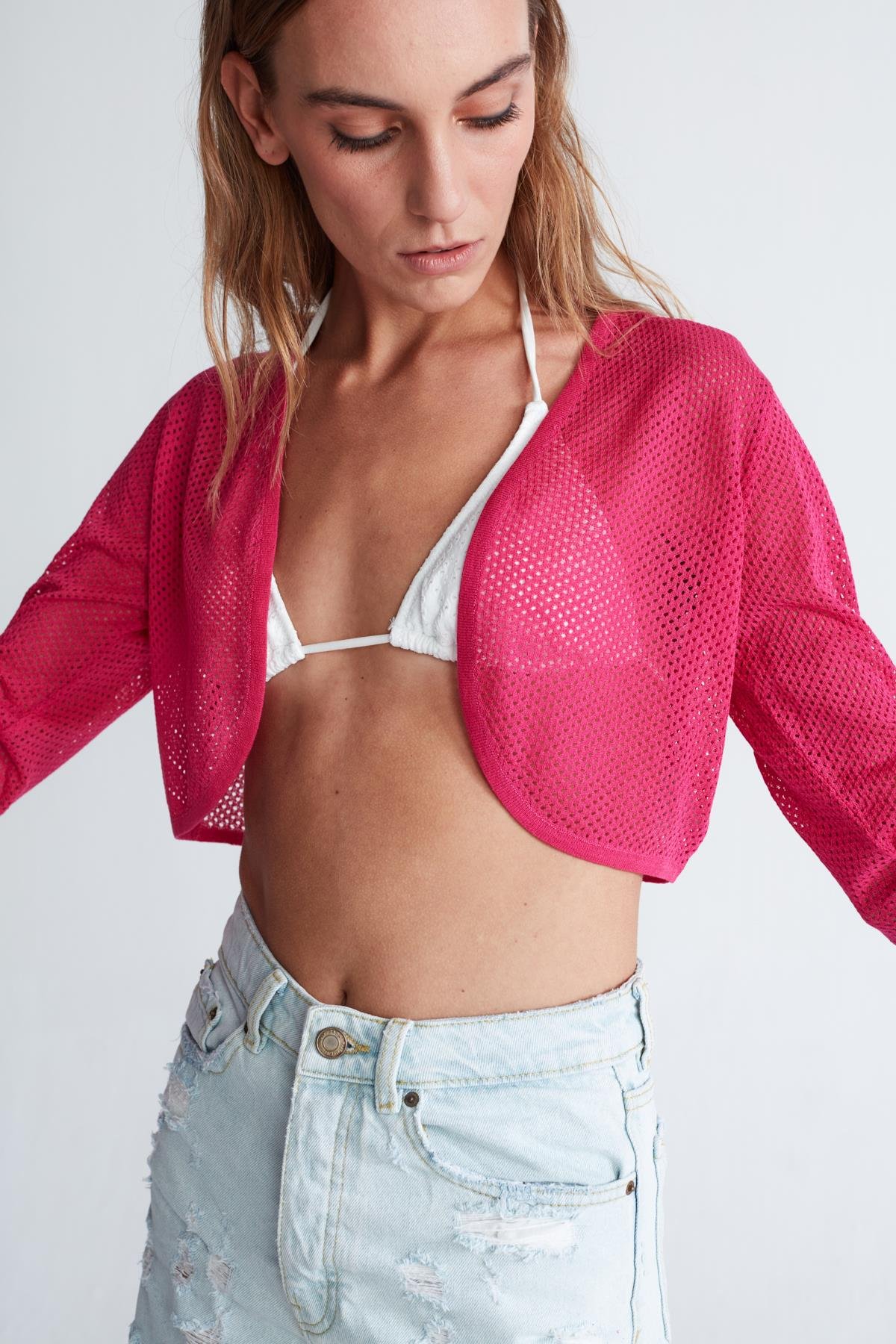 Peraluna BUTTERFLY BOLERO File Örgü Uzun Kol Trıko Kadın Bolero Magenta Pembe