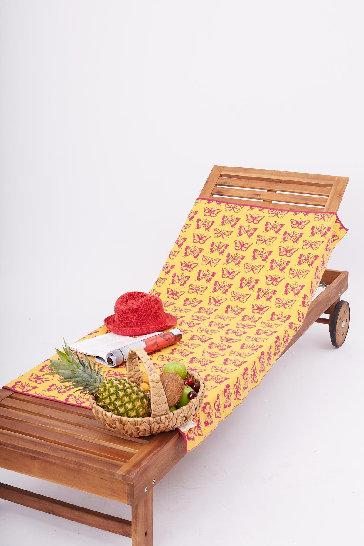 Peraluna BUTTERFLY BOOM BEACH COVER Kelebek Desenli Pamuklu Triko Plaj Örtüsü 75X150 CM - Fuşya/Sarı