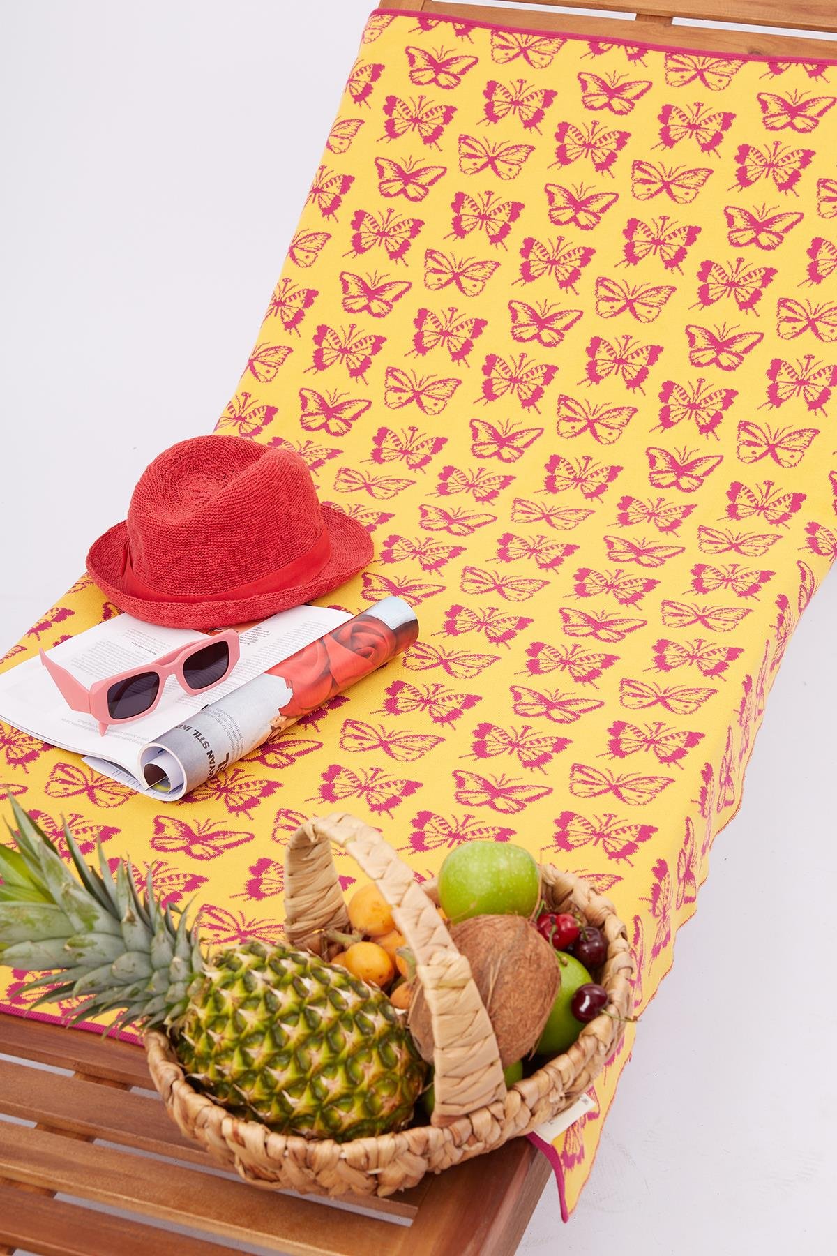 Peraluna BUTTERFLY BOOM BEACH COVER Kelebek Desenli Pamuklu Triko Plaj Örtüsü 75X150 CM - Fuşya/Sarı