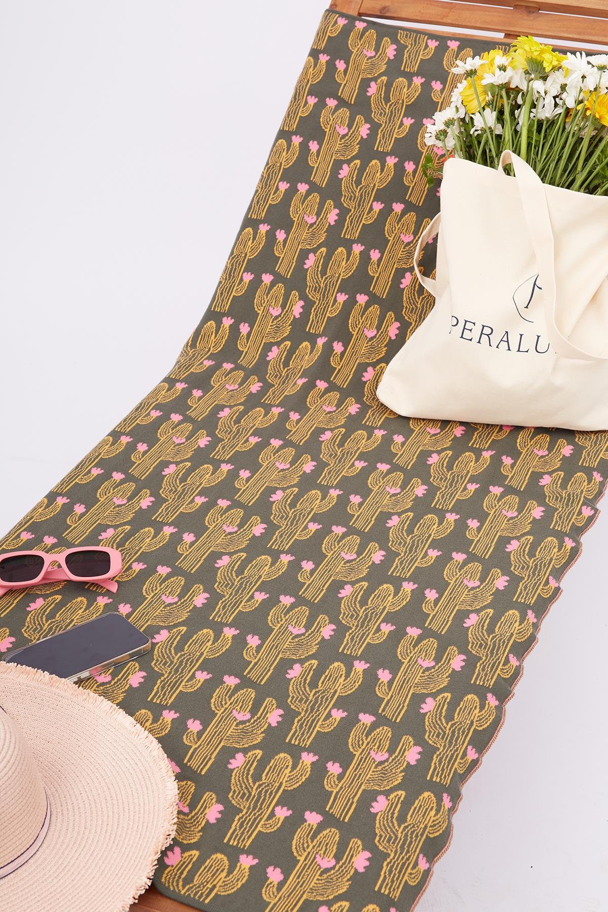 Peraluna CACTUS CANDY BEACH COVER Kaktüs Desenli Pamuklu Triko Plaj Örtüsü 75X150 CM - Yeşil/Multi