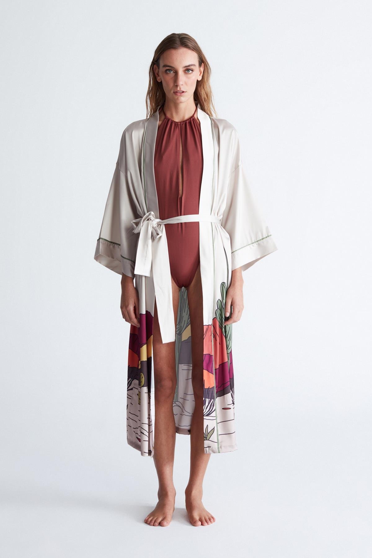 Peraluna CACTUS KİMONO 122 CM Kaktus Desen Midi Boy Kemerli Saten Kadın Kımono Taş