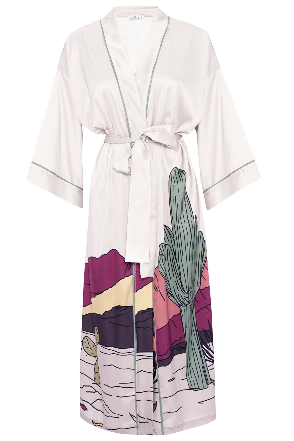 Peraluna CACTUS KİMONO 122 CM Kaktus Desen Midi Boy Kemerli Saten Kadın Kımono Taş