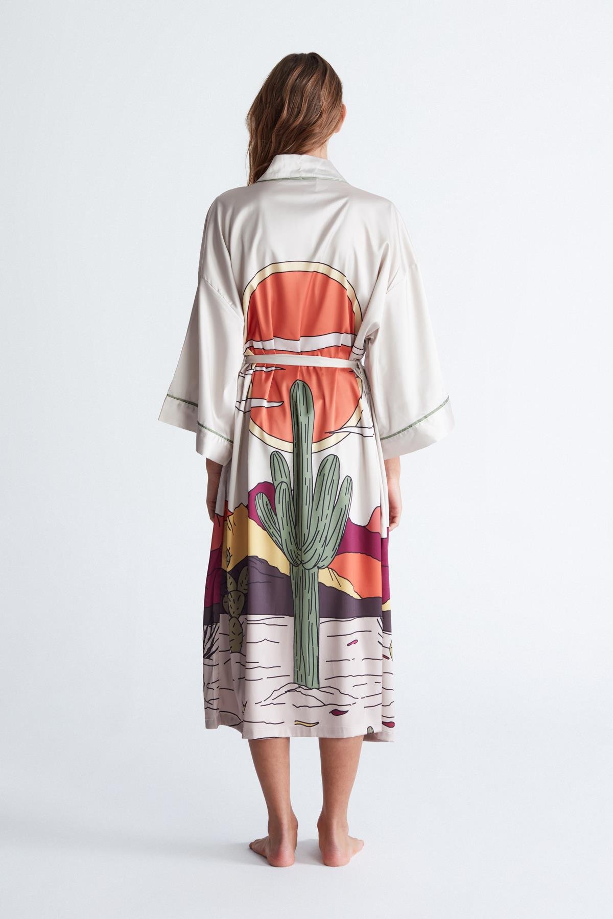 Peraluna CACTUS KİMONO 122 CM Kaktus Desen Midi Boy Kemerli Saten Kadın Kımono Taş