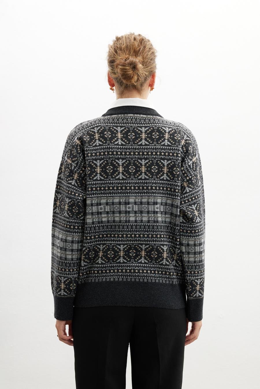 Peraluna CAITLIN PULLOVER Bisiklet Yaka Etnik Motif Yün Karışım Kadın Triko Kazak - Antrasit Melanj