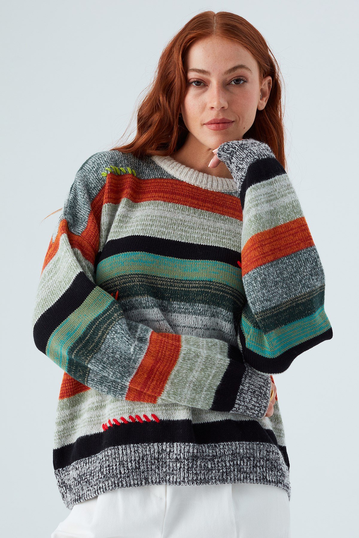 Peraluna CAMILA PULLOVER Bol Kesim El İşlemeli Kadın Triko Kazak Multi