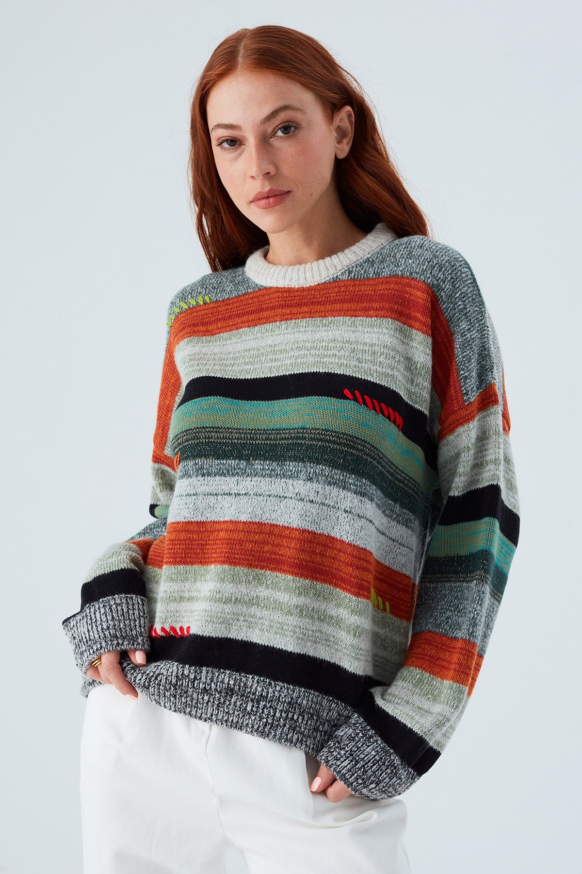 Peraluna CAMILA PULLOVER Bol Kesim El İşlemeli Kadın Triko Kazak Multi