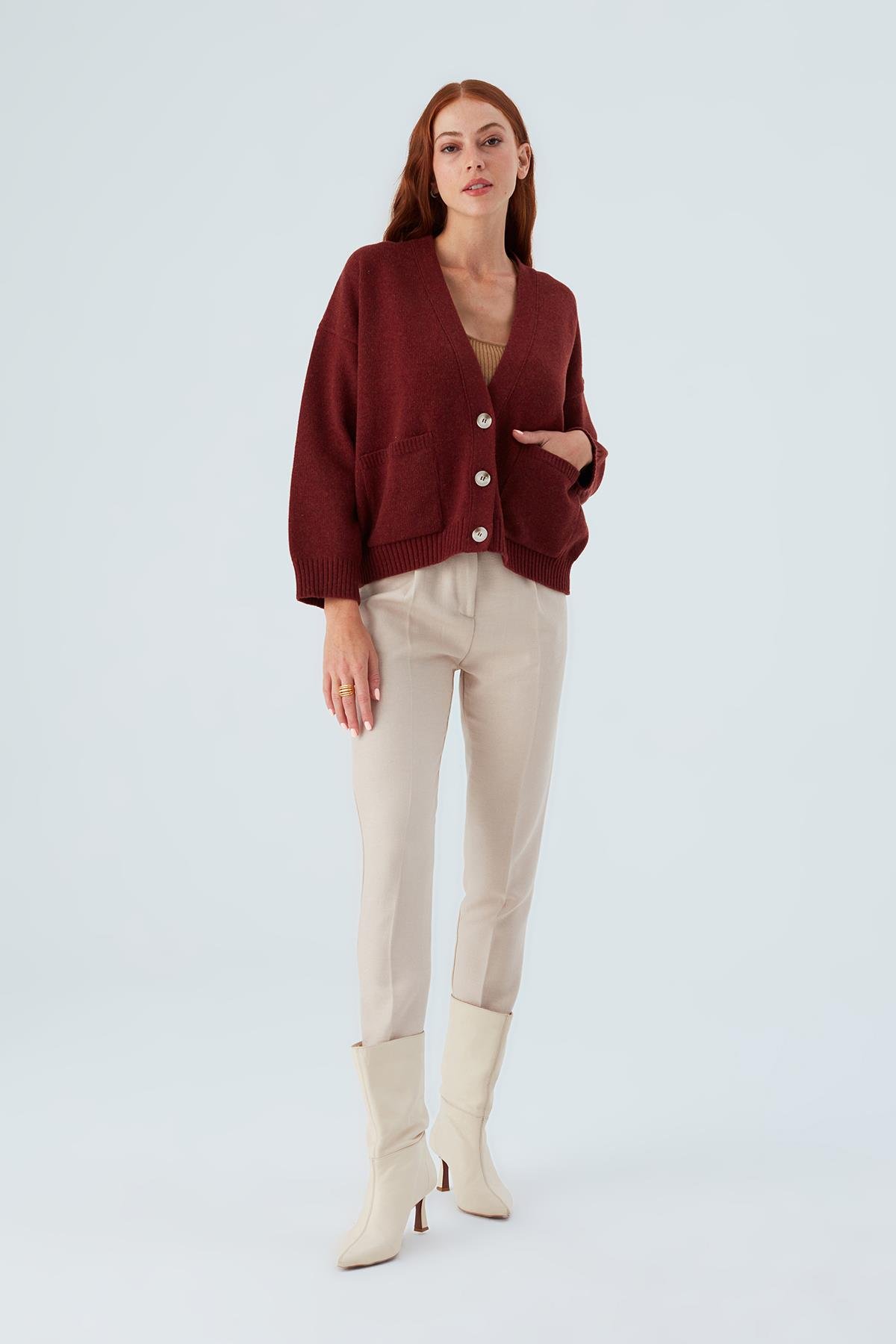 Peraluna CAROL CARDIGAN Cepli Düğmeli Rahat Kesim Crop Kadın Triko Hırka Bordo