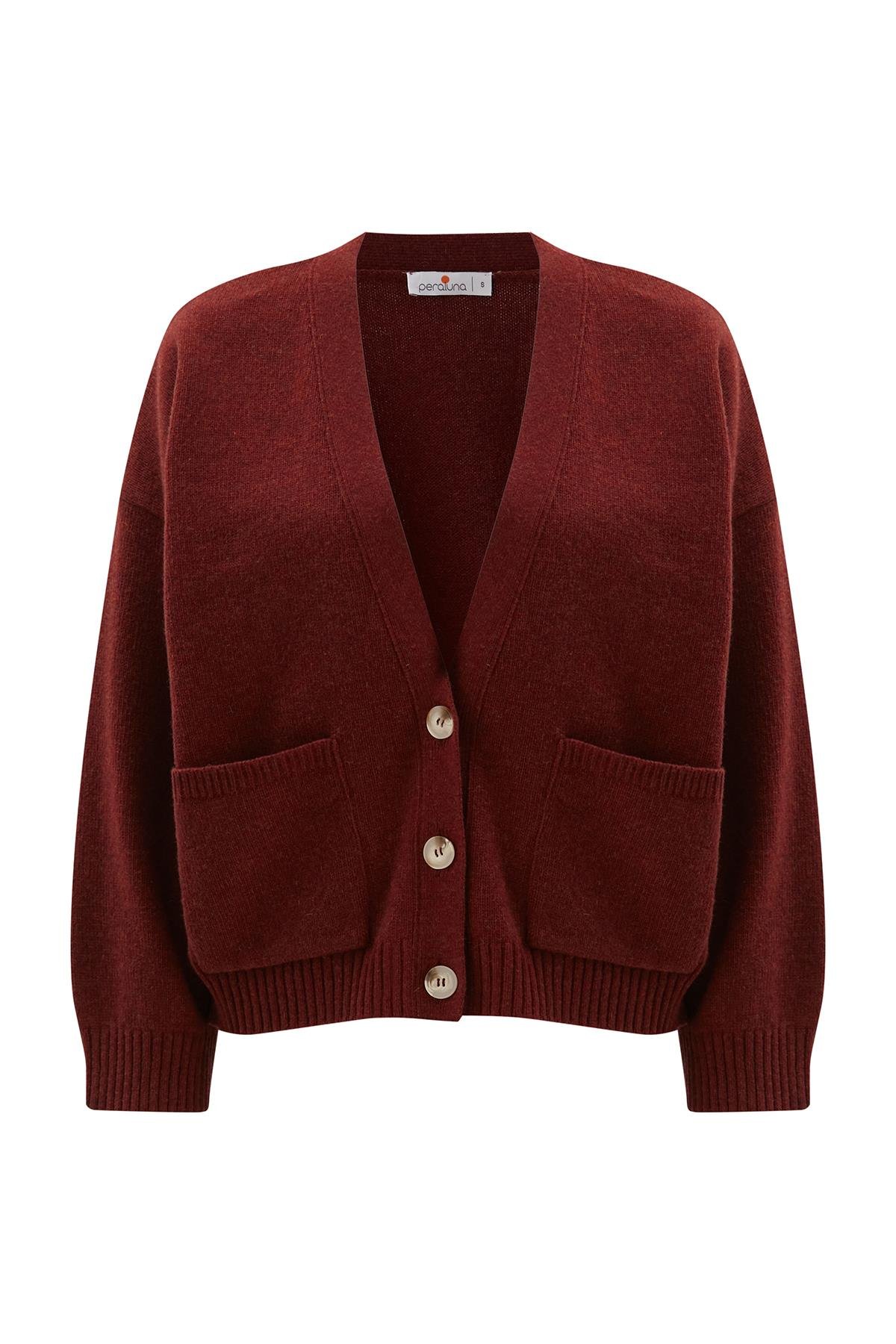 Peraluna CAROL CARDIGAN Cepli Düğmeli Rahat Kesim Crop Kadın Triko Hırka Bordo