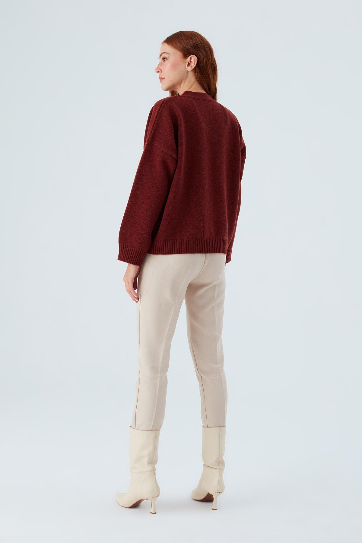 Peraluna CAROL CARDIGAN Cepli Düğmeli Rahat Kesim Crop Kadın Triko Hırka Bordo