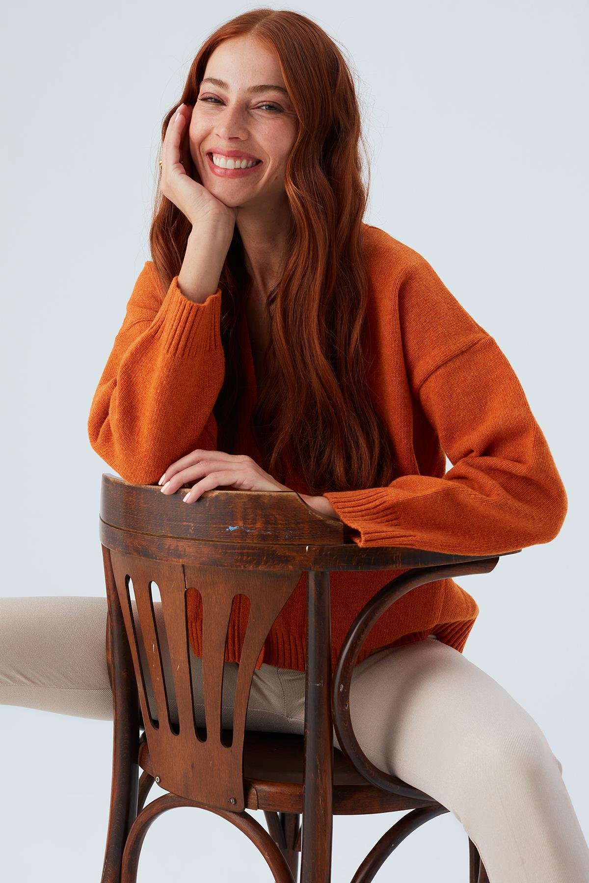 Peraluna CAROL CARDIGAN Cepli Düğmeli Rahat Kesim Crop Kadın Triko Hırka Turuncu