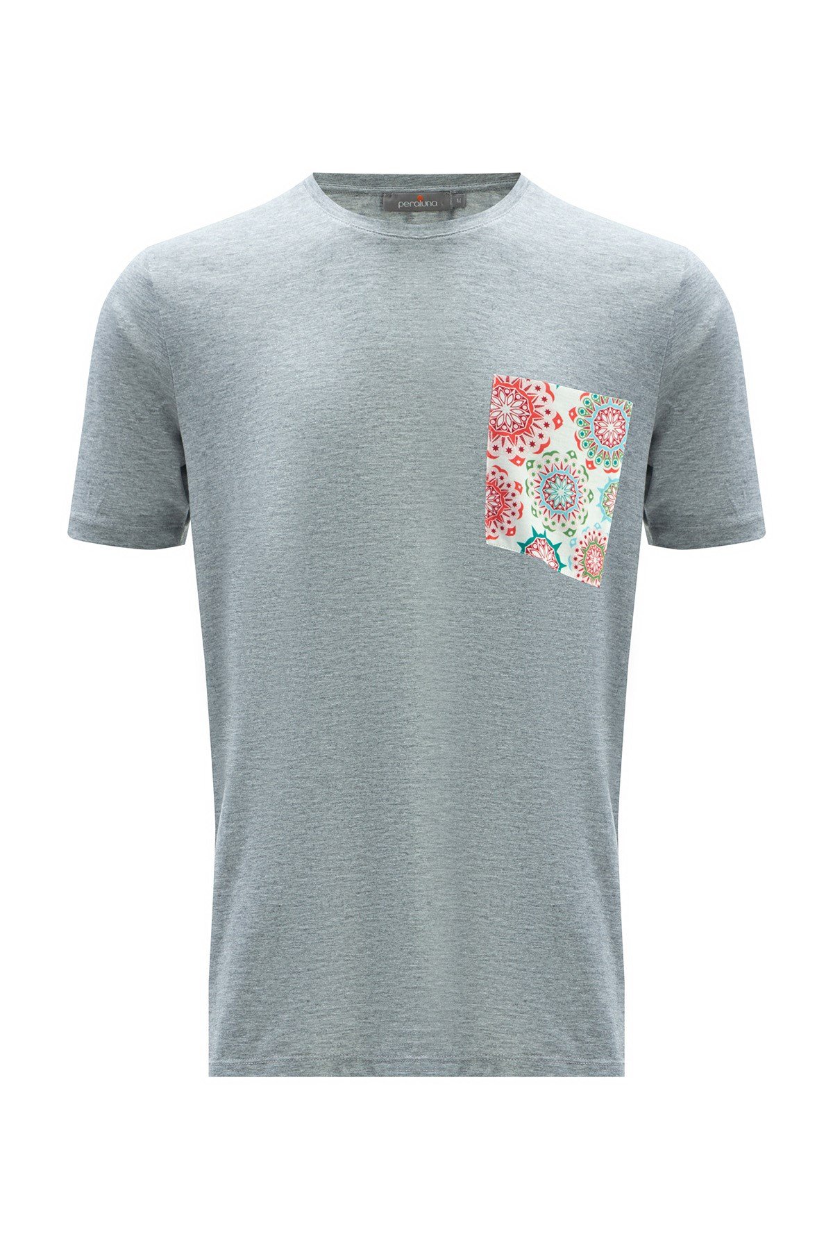 Peraluna Cebi Desenli Düz Kesim Açık Gri Pamuklu Kadın T-Shirt