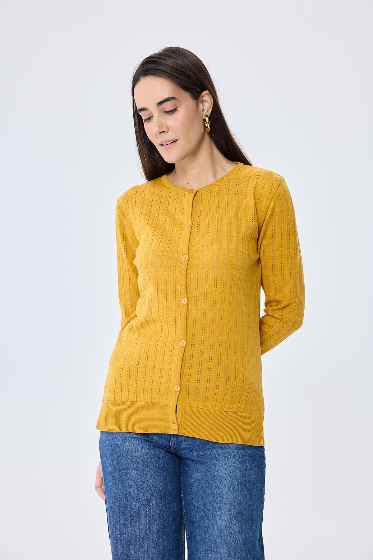 Peraluna Celine, Ajur Örgülü Kadın Triko Hırka - HARDAL