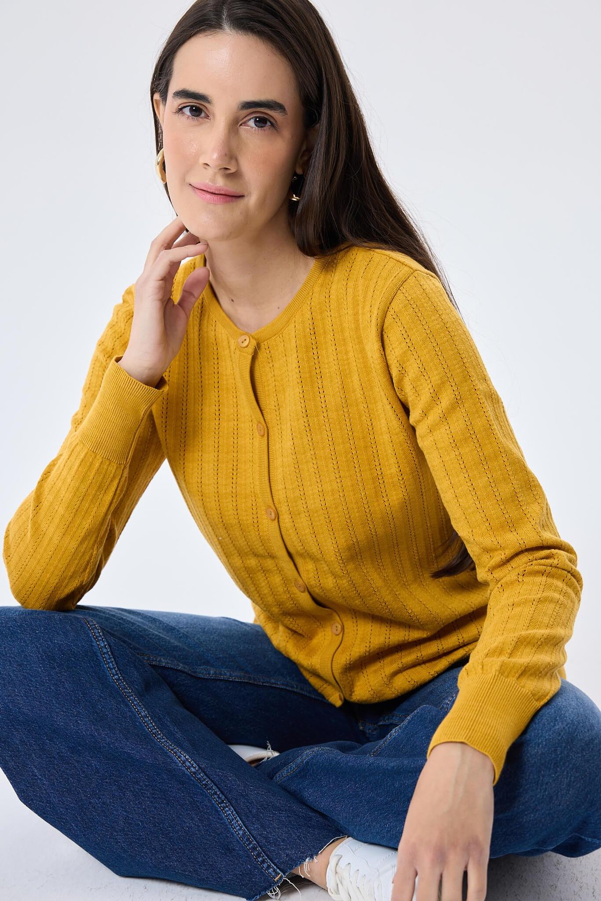 Peraluna Celine, Ajur Örgülü Kadın Triko Hırka - HARDAL