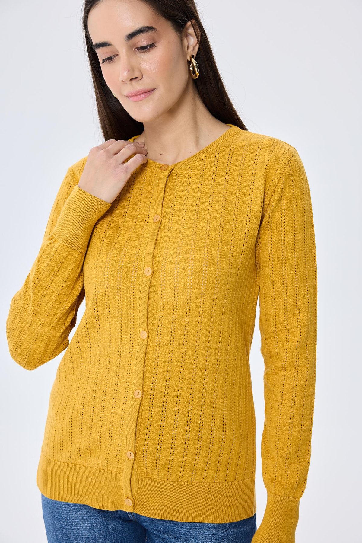 Peraluna Celine, Ajur Örgülü Kadın Triko Hırka - HARDAL