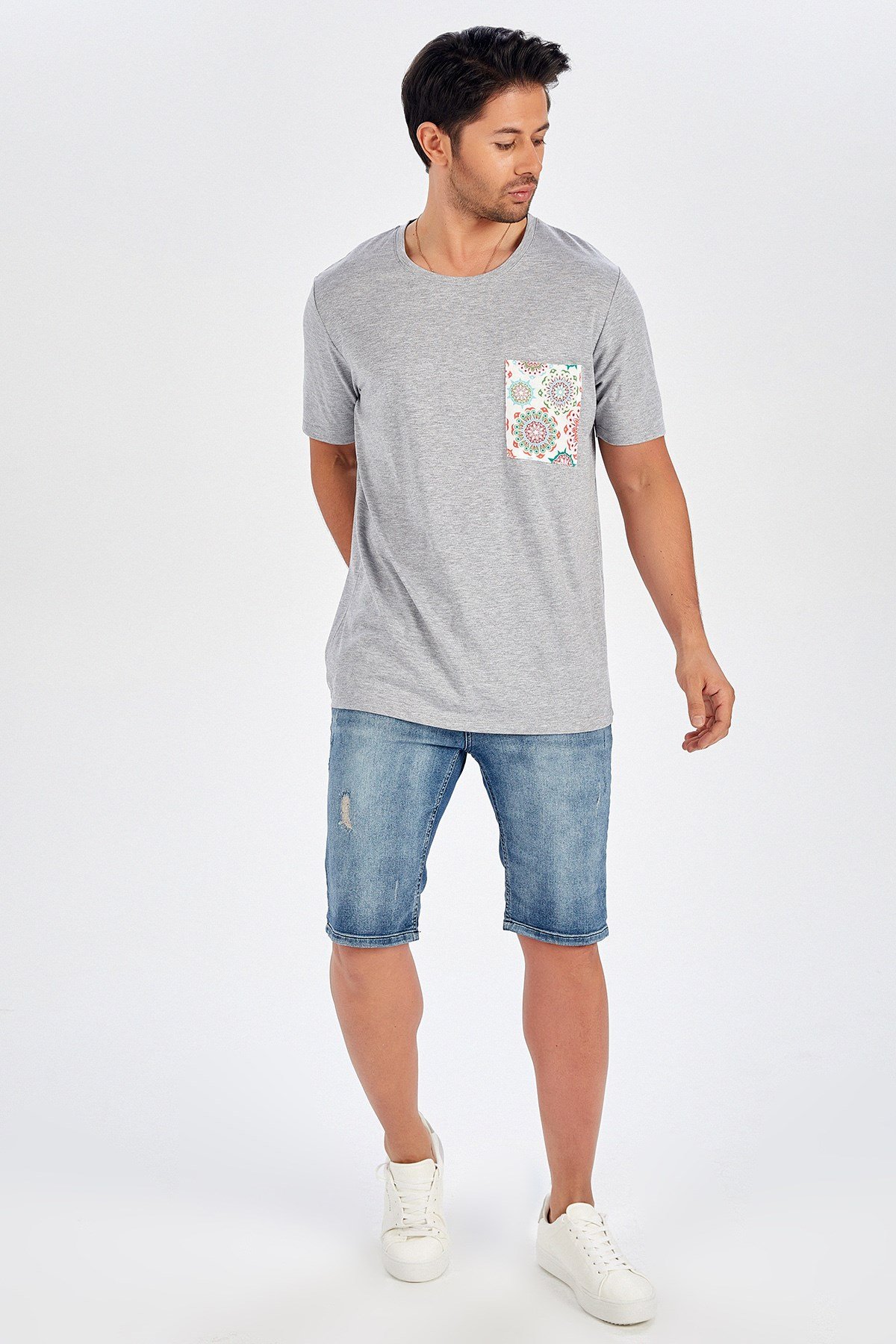 Peraluna Pocket Patterned Straight Cut Cotton T-Shirt - Light Grey