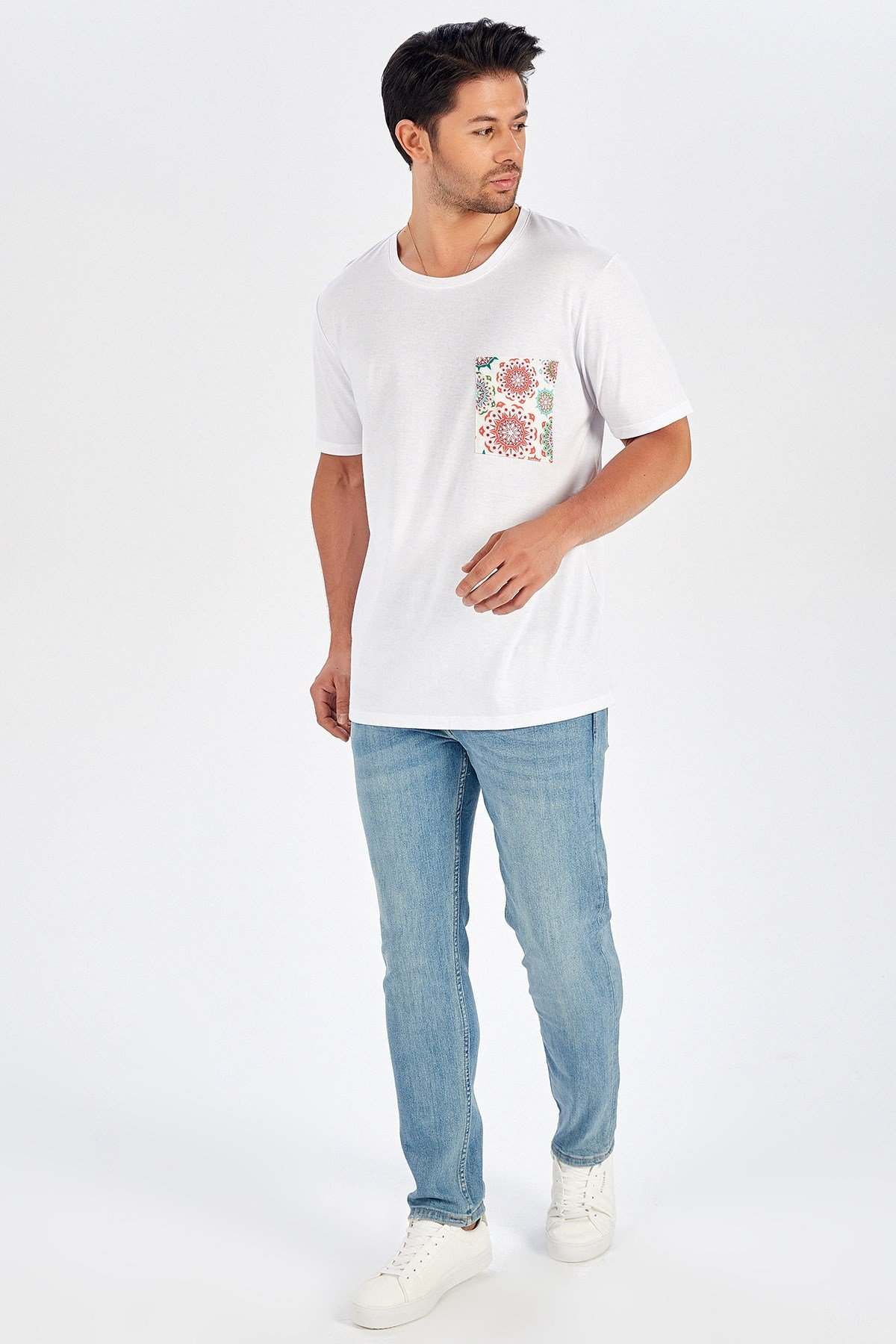 Peraluna Pocket Patterned Straight Cut Cotton T-Shirt - White