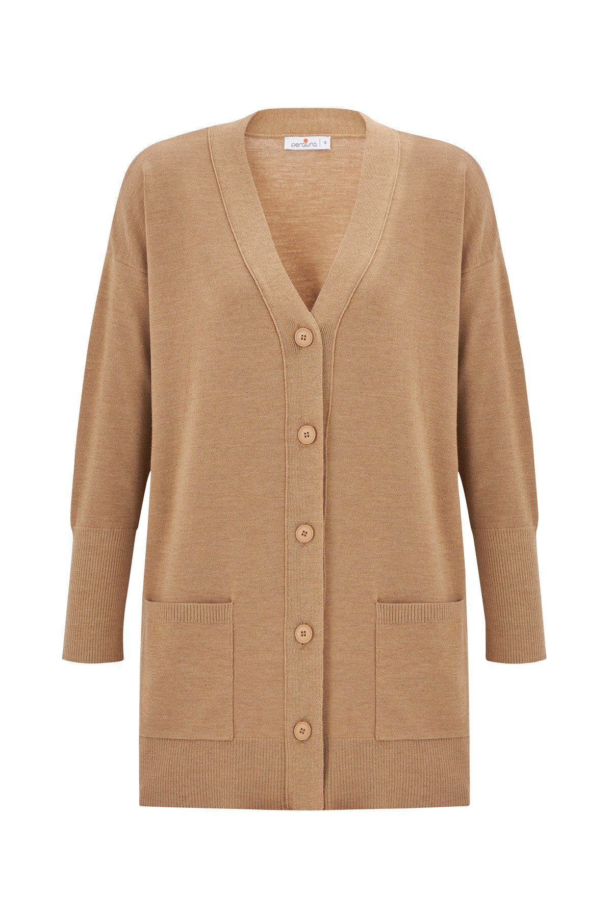 Peraluna Cepli Klasik Kesim V Yaka Uzun Kadın Triko Hırka Camel Melanj