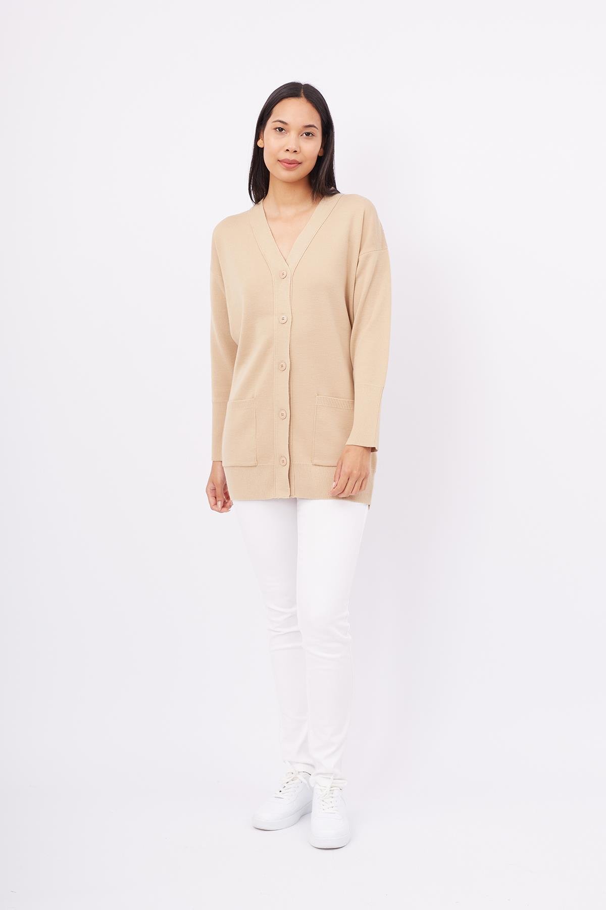 Peraluna Cepli Klasik Kesim V Yaka Uzun Kadın Triko Hırka - Bej