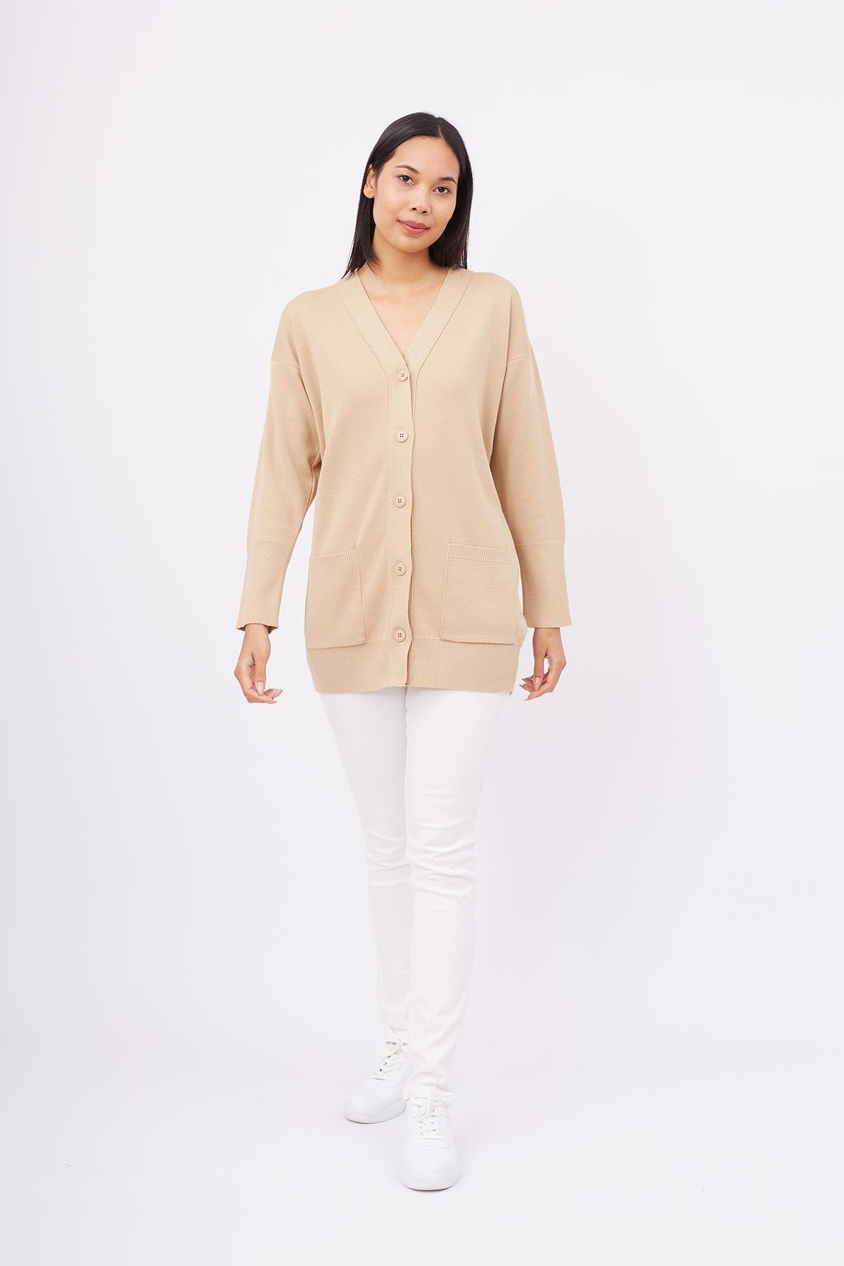 Peraluna Cepli Klasik Kesim V Yaka Uzun Kadın Triko Hırka - Bej