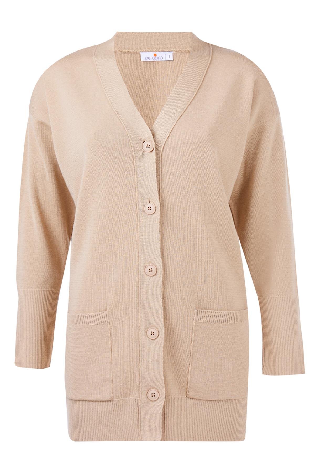 Peraluna Cepli Klasik Kesim V Yaka Uzun Kadın Triko Hırka - Bej