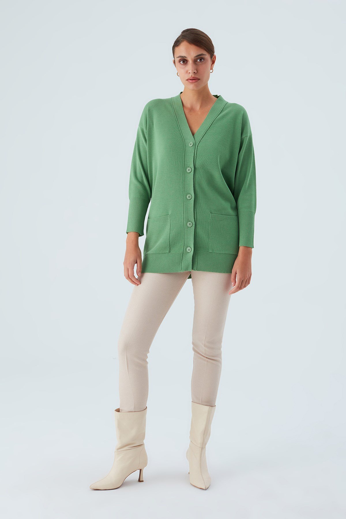 Peraluna V-neck Pocket Women's Knitwear Long Cardigan - Green